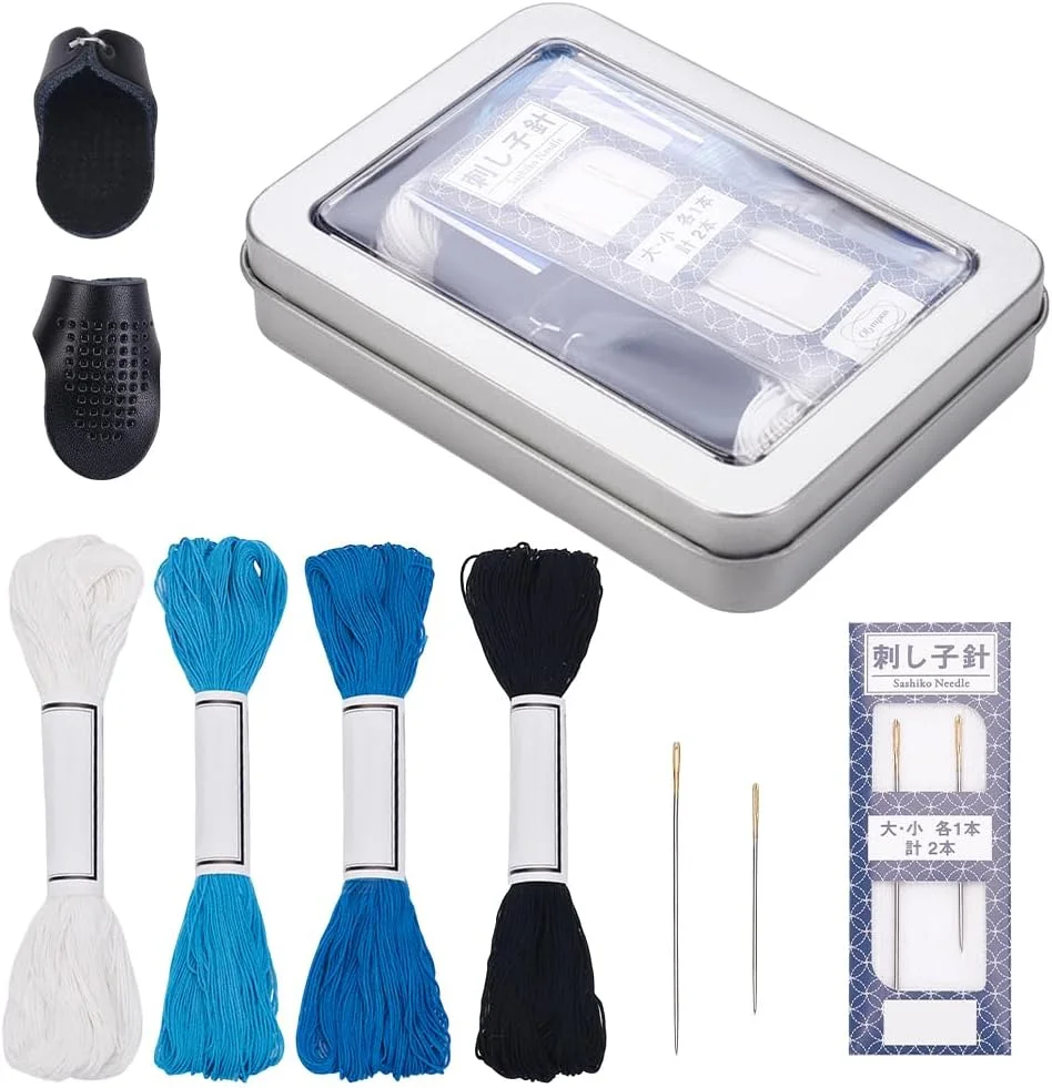 ست کامل ساشیکو FREEBLOSS با 4 رنگ نخ ساشیکو، 2 سوزن، 2 انگشتانه قابل تنظیم، ابزار ساشیکو برای خیاطی دستی، کیت ساشیکو، نخ و سوزن ساشیکو، انگشتانه برای خیاطی مبتدی
