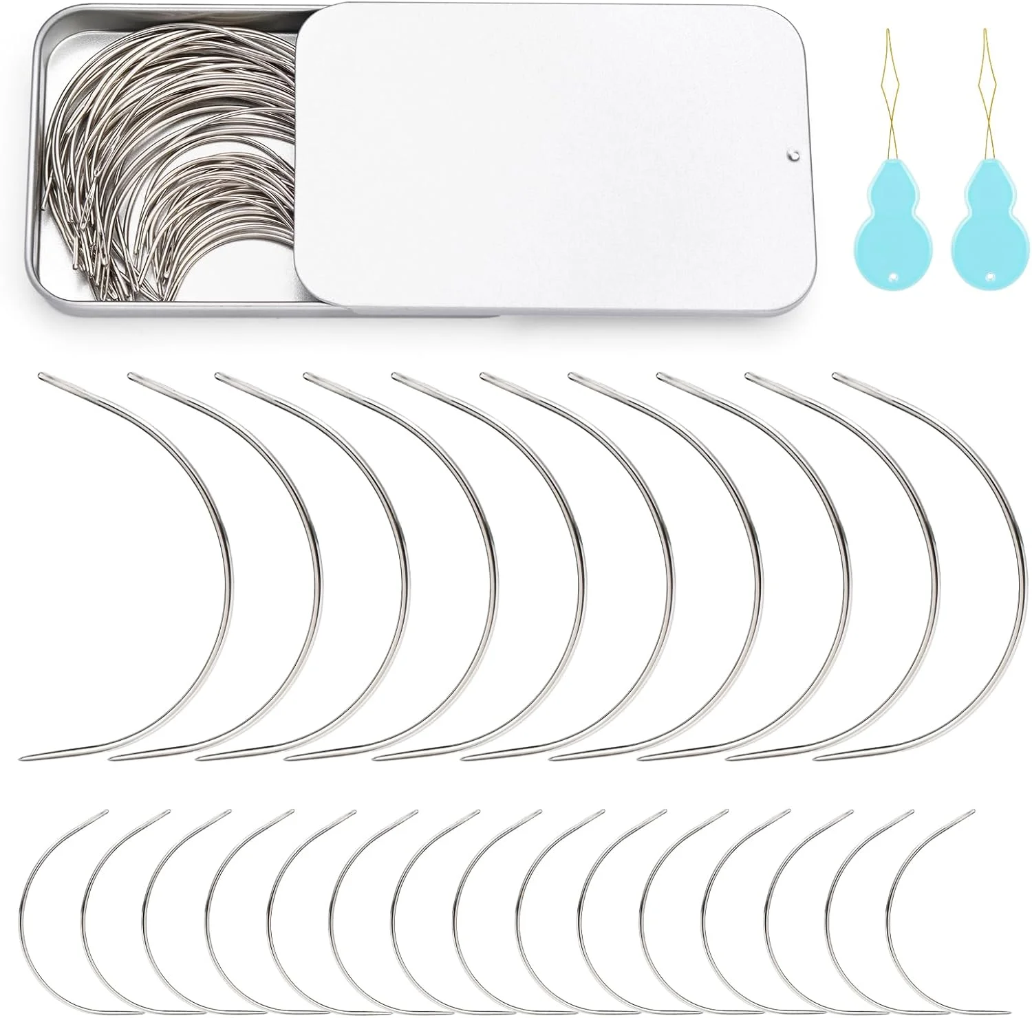 سوزن های منحنی GarfxG، 60 عدد، 2 اینچ / 3.5 اینچ، سوزن های خیاطی بافتنی نوع C با جعبه فلزی، سوزن های چرمی دستی، سوزن های روکش، فرش، چرم، تعمیر بوم، سوزن های بافتنی