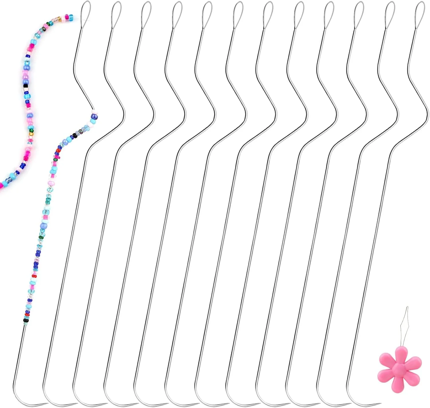 سوزن های مهره بافی GarfxG، 12 عددی - سوزن های مهره بافی استیل ضد زنگ 7.48 اینچی، سوزن های مهره بافی دانه ای چشم بزرگ خمیده برای ساخت جواهرات گردنبند دستبند (طراحی ارگونومیک قوس دار)