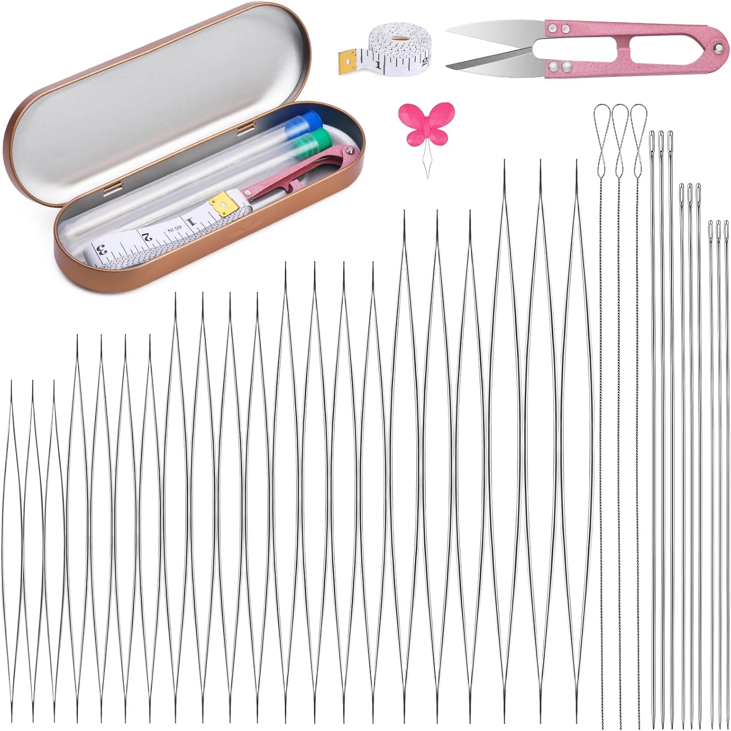 مجموعه سوزن های مهره دوزی GarfxG شامل 39 قطعه - سوزن های مهره دوزی چشم بزرگ تاشو، سوزن های مهره دوزی مستقیم، سوزن های مهره دوزی و ابزارهای مهره دوزی به همراه جعبه نگهداری برای ساخت جواهرات