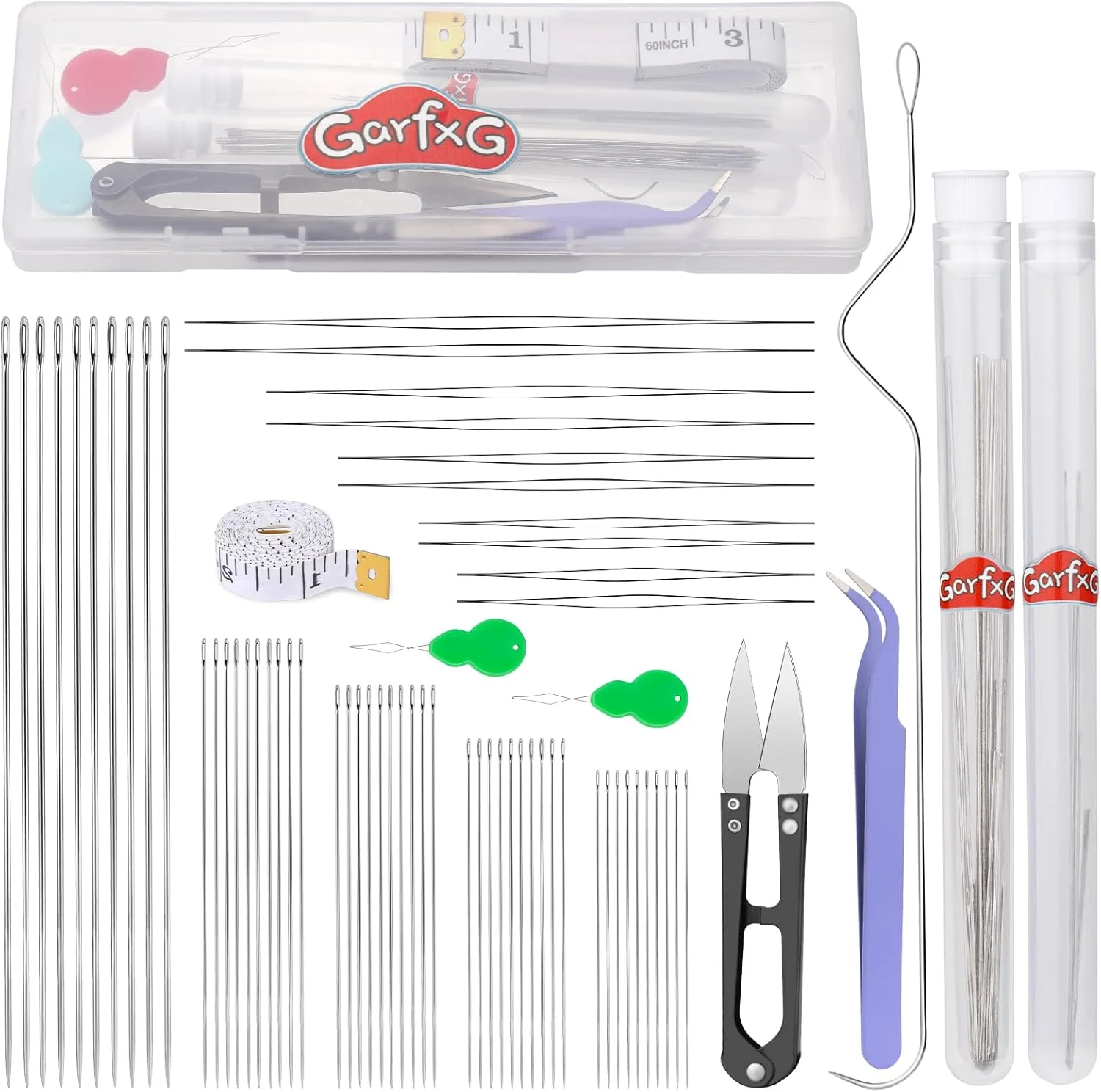 مجموعه سوزن مهره دوزی GarfxG، 50 عدد سوزن مهره دوزی مستقیم، 10 عدد سوزن مهره دوزی تاشو چشم بزرگ به همراه سوزن های منحنی مهره گردان برای ساخت جواهرات، مهره و پولک دوزی و صنایع دستی DIY