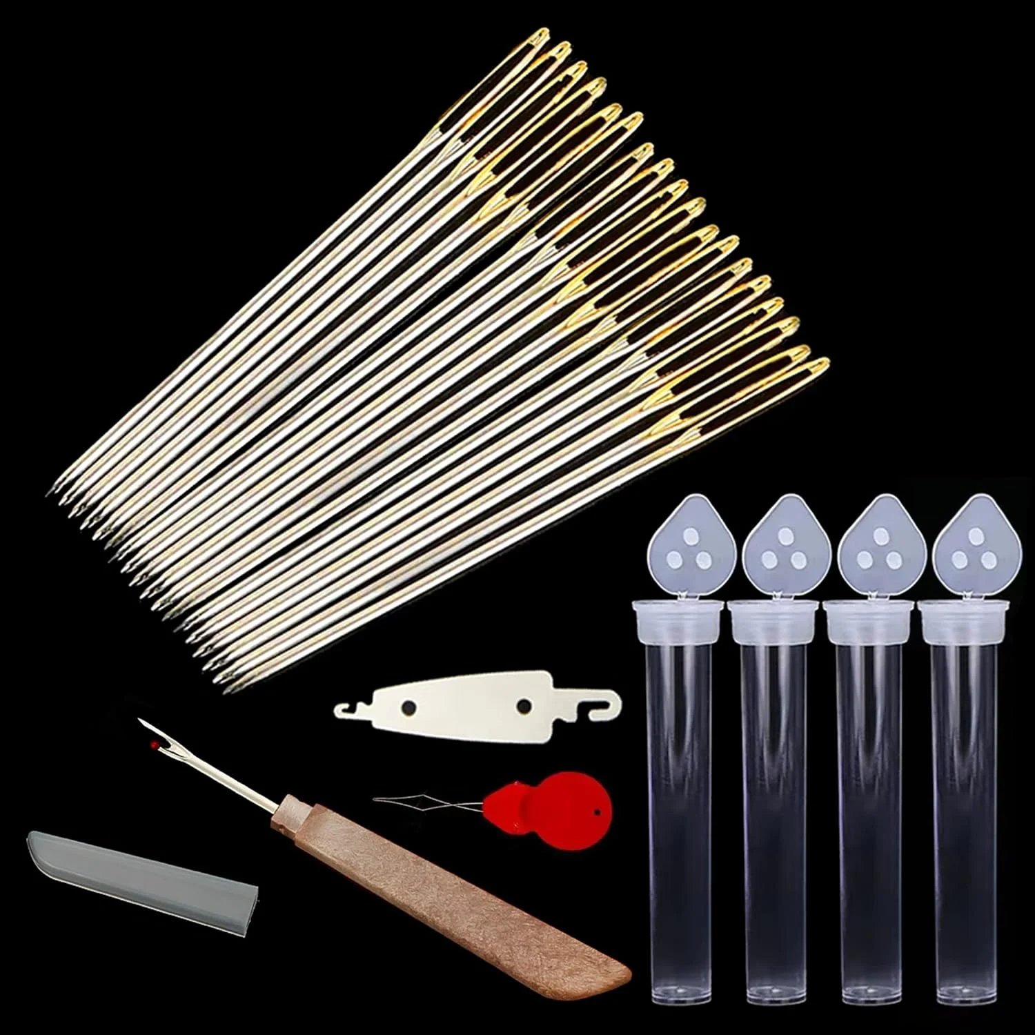 جیگه 80 عدد سوزن گلدوزی چشمی بزرگ طلایی، سوزن های خیاطی دستی با سوزن نخ کن و نخ باز کن برای گلدوزی (سایز 28)