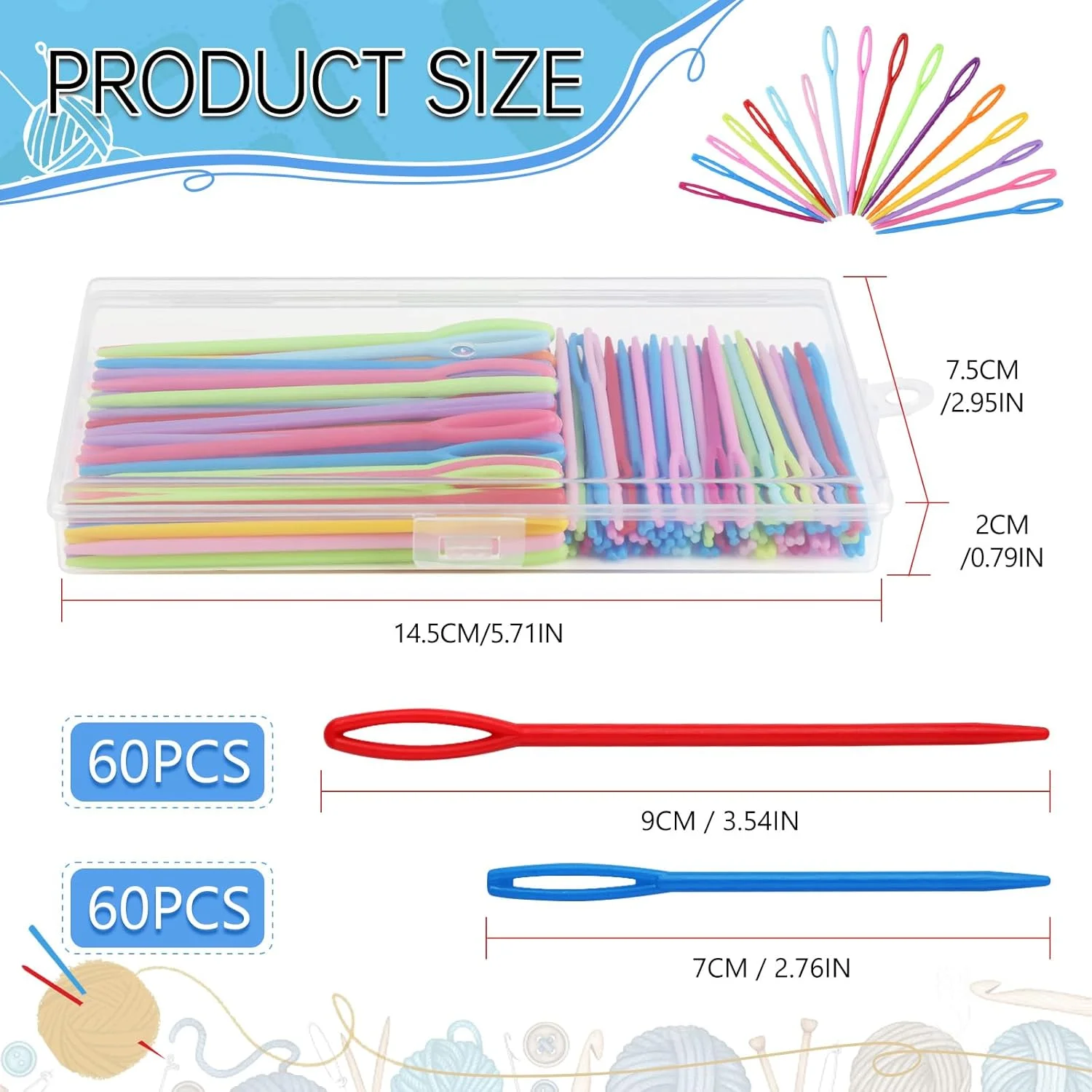 بسته 120 عددی سوزن پلاستیکی خیاطی JIANGZHIB، سوزن های بافندگی، سوزن های خیاطی پلاستیکی رنگارنگ، سوزن های خیاطی 7 سانتی متری و 9 سانتی متری با سوراخ بزرگ، سوزن های گلدوزی پلاستیکی کودکان، سوزن پشمی پلاستیکی