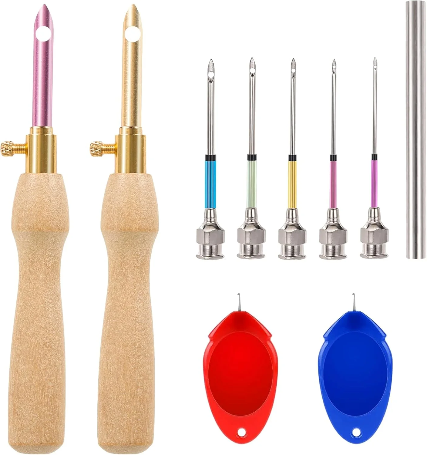مجموعه سوزن پانچ JSRQT شامل 10 عدد با دسته‌های چوبی، ابزار گلدوزی سوزن پانچ قابل تنظیم با 5 سایز سری سوزن، کیت قلم پانچ سوزنی برای مبتدیان بزرگسال