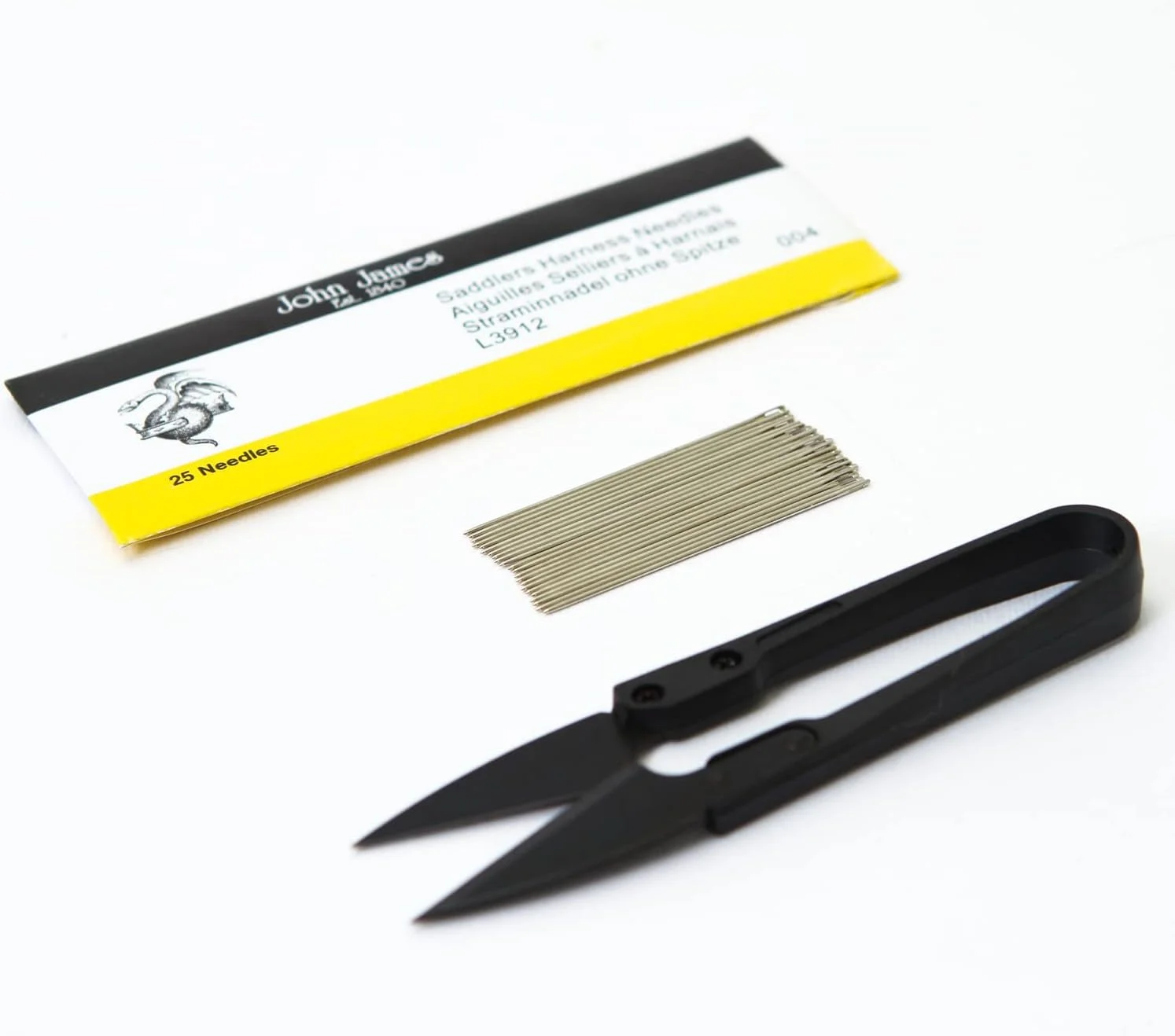 سوزن های زین و برگ دوزی جان جیمز با نوک گرد برای دوخت چرم (بسته 25 عددی) + قیچی - سایز (004) + قیچی