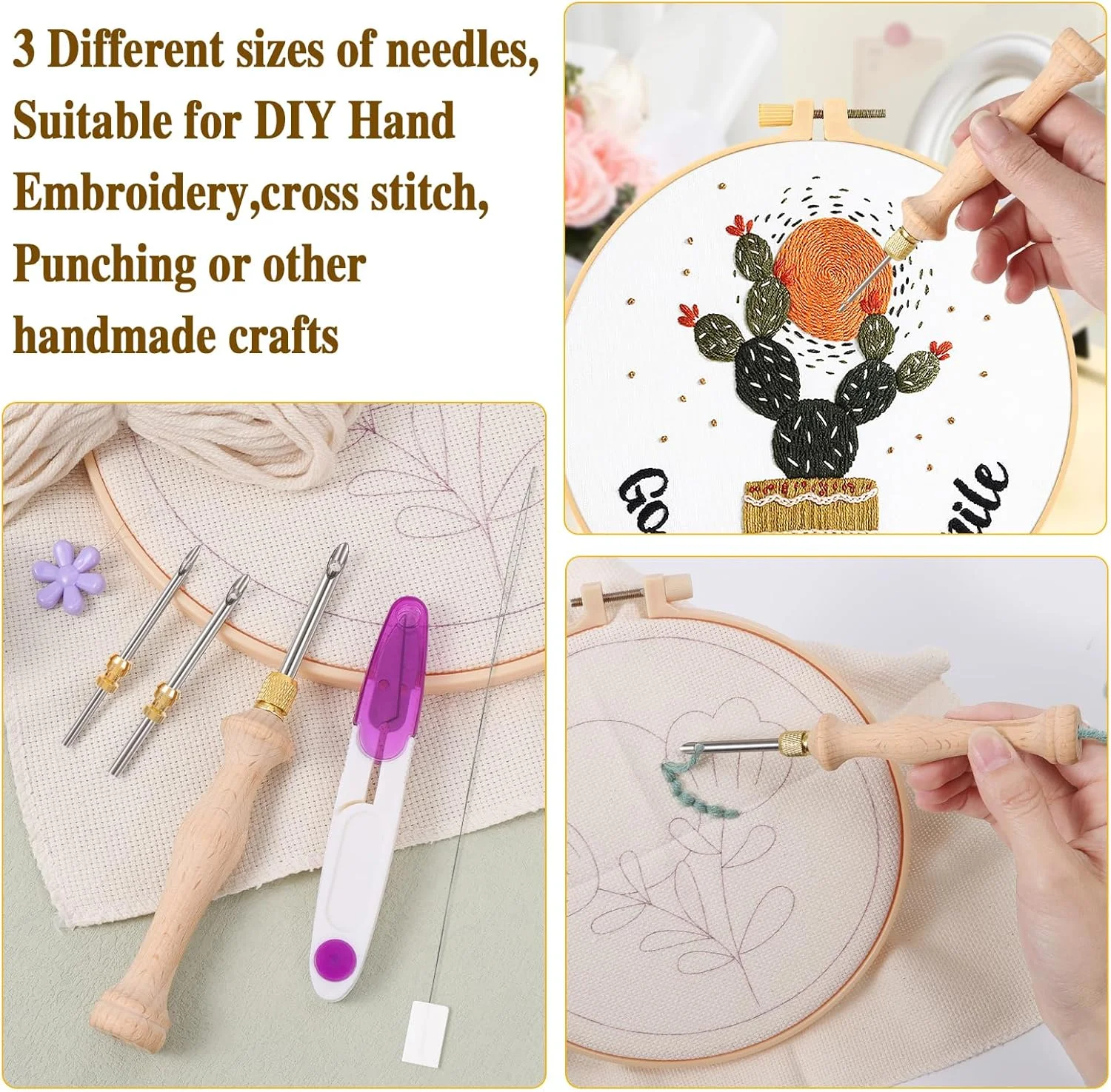 ست سوزن پانچ JSRQT با جعبه نگهداری، قلم ابزار گلدوزی قابل تنظیم با سرهای سوزنی 5-3.5-2.5 میلی‌متری، ست قلاب بافی فرش با سوزن پانچ چوبی برای بزرگسالان مبتدی DIY