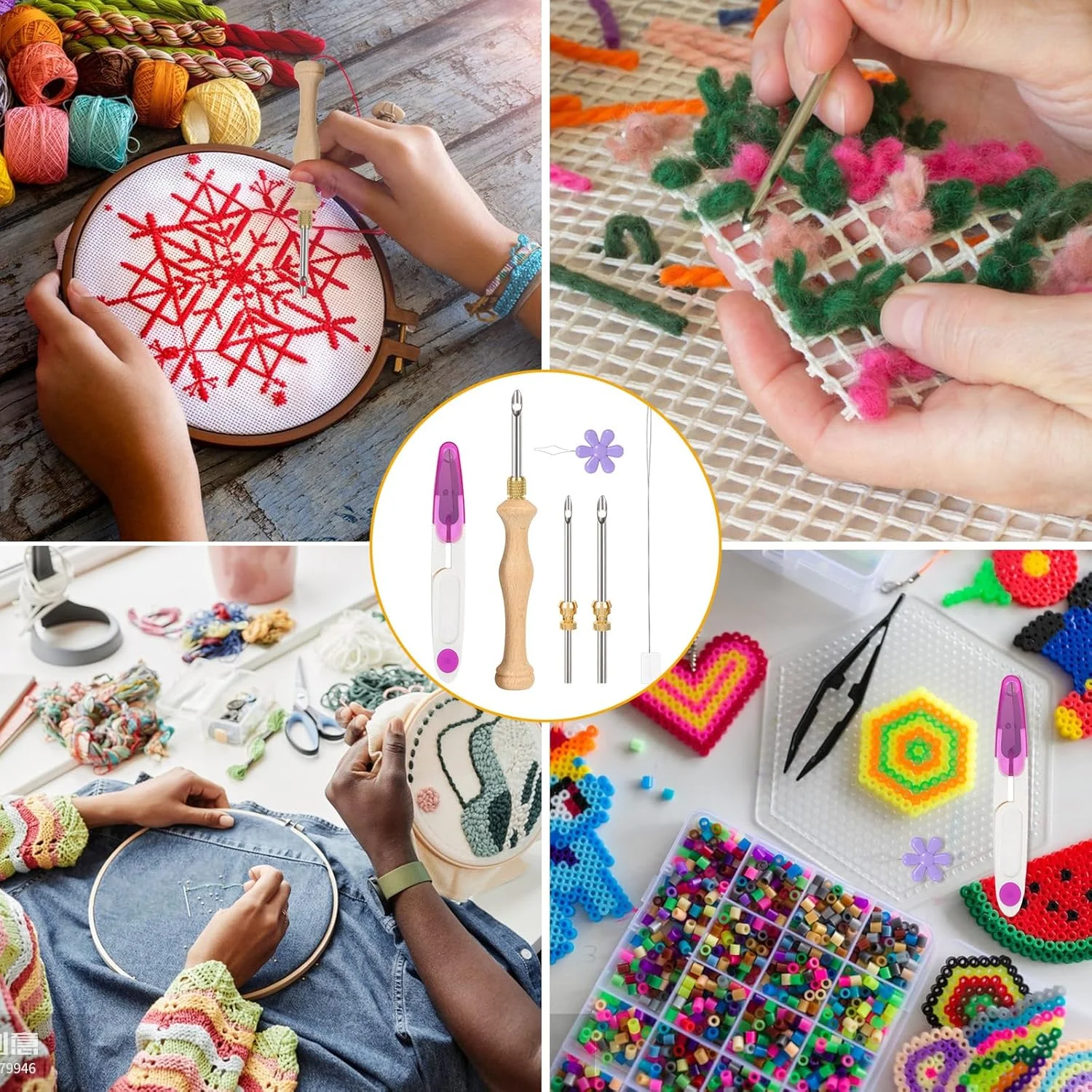 ست سوزن پانچ JSRQT با جعبه نگهداری، قلم ابزار گلدوزی قابل تنظیم با سرهای سوزنی 5-3.5-2.5 میلی‌متری، ست قلاب بافی فرش با سوزن پانچ چوبی برای بزرگسالان مبتدی DIY