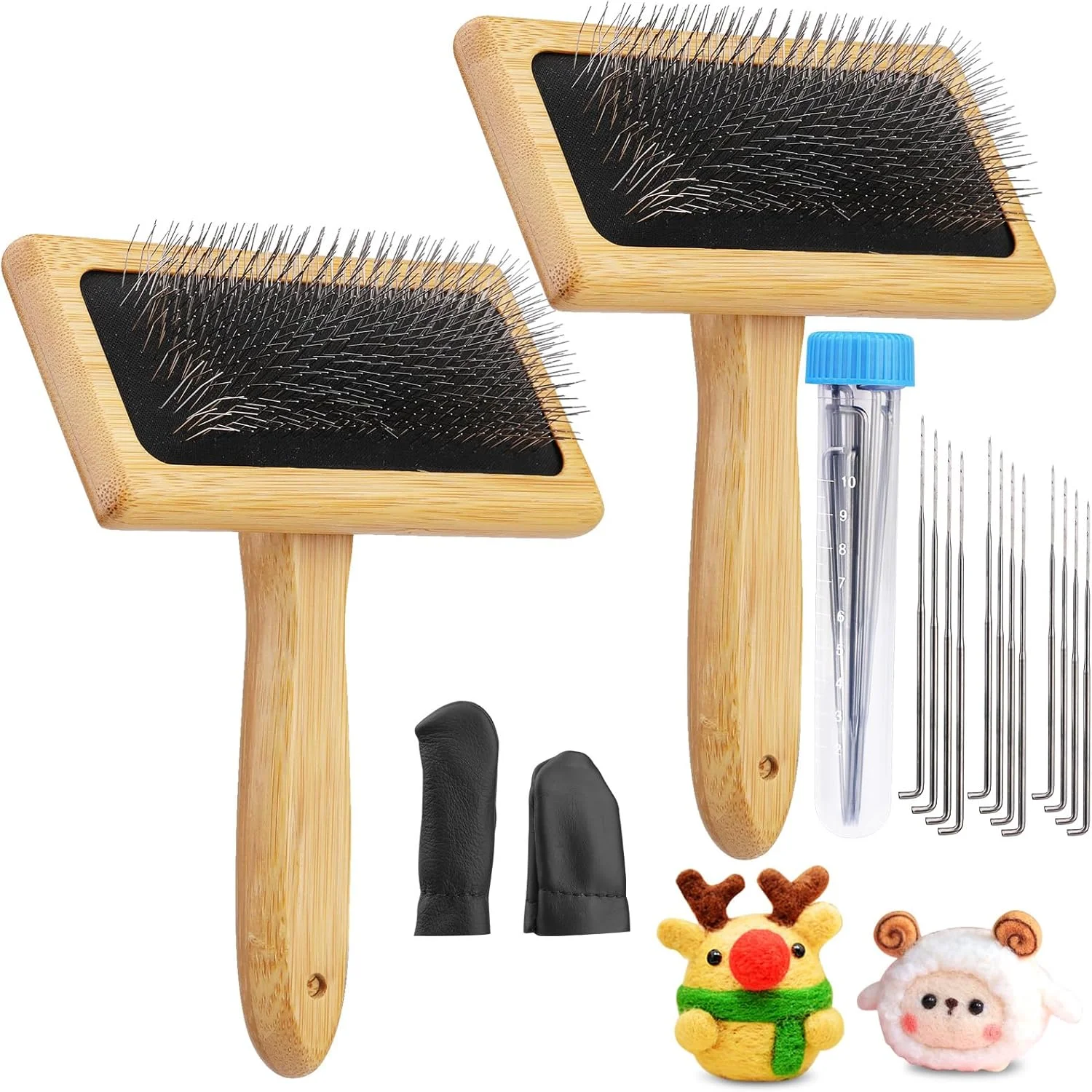 کدافیو 2 عدد کاردر پشمی، کاردر دستی برای نمد دوزی سوزنی پشم، برس کاردر پشمی چوبی نمد دوزی سوزنی با محافظ انگشت چرمی سوزن پشمی برای پروژه های نمد دوزی DIY