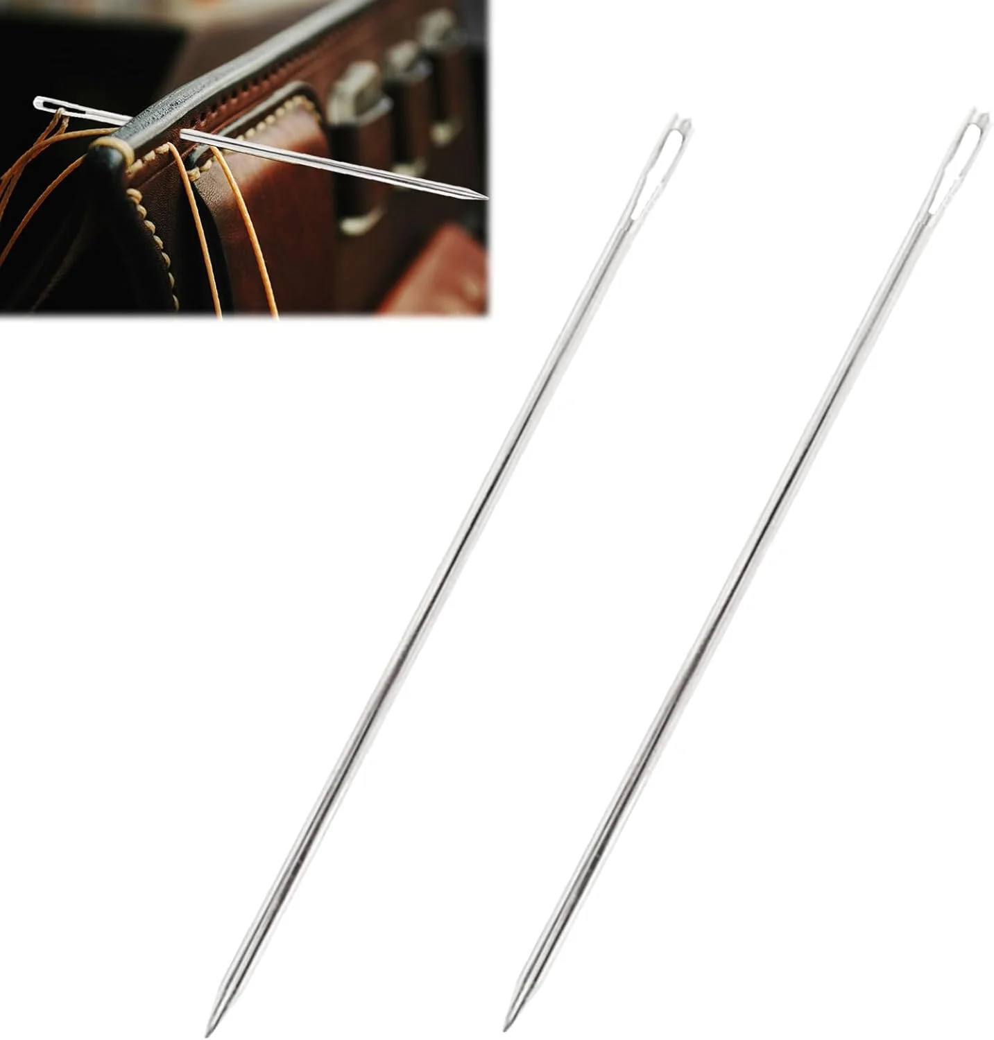 keyxer - بسته 2 عددی سوزن های بافتنی فوق العاده بلند با سوراخ بزرگ برای مبلمان - 6 اینچ (15 سانتی متر) سوزن های خیاطی دستی مستقیم فولاد ضد زنگ، نخ کردن آسان برای چرم، کاغذ دیواری و پارچه های ضخیم