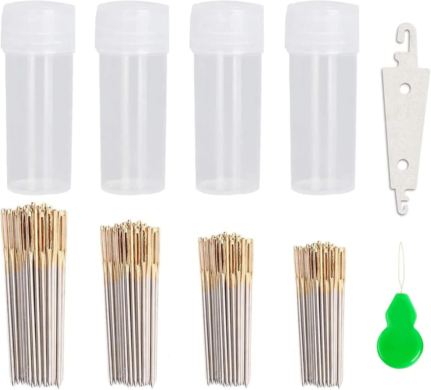 جیگه 120 عدد سوزن گلدوزی + 2 سوزن نخ کن رنگ طلایی چشم بزرگ گلدوزی DIY سوزن های دستی سوزن های خیاطی در جعبه شفاف سایز 22# 24# 26# 28#