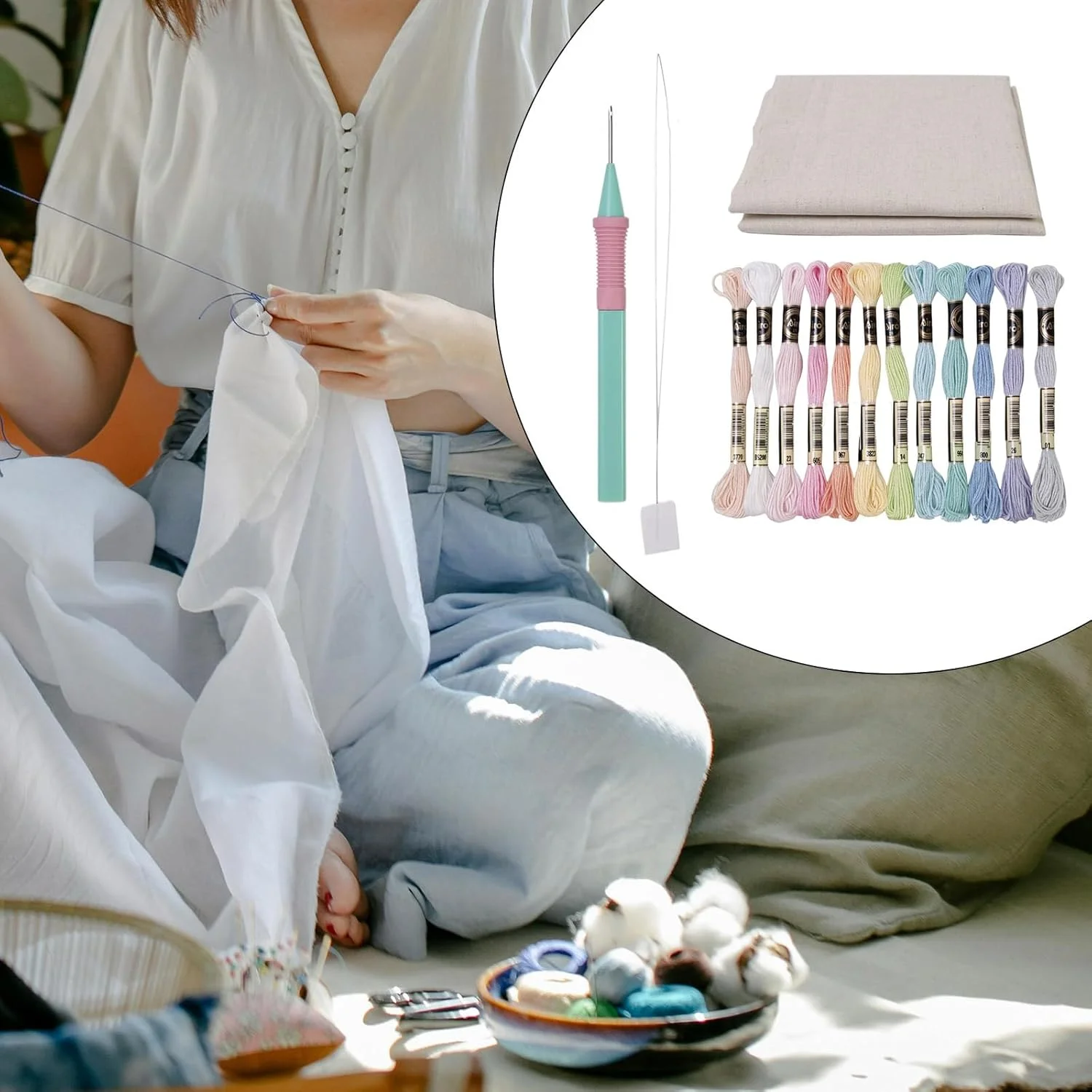 ست سوزن پانچ KFFENG برای گلدوزی بزرگسالان، شامل قلم گلدوزی، 12 رنگ نخ، پارچه گلدوزی، نخ‌کش