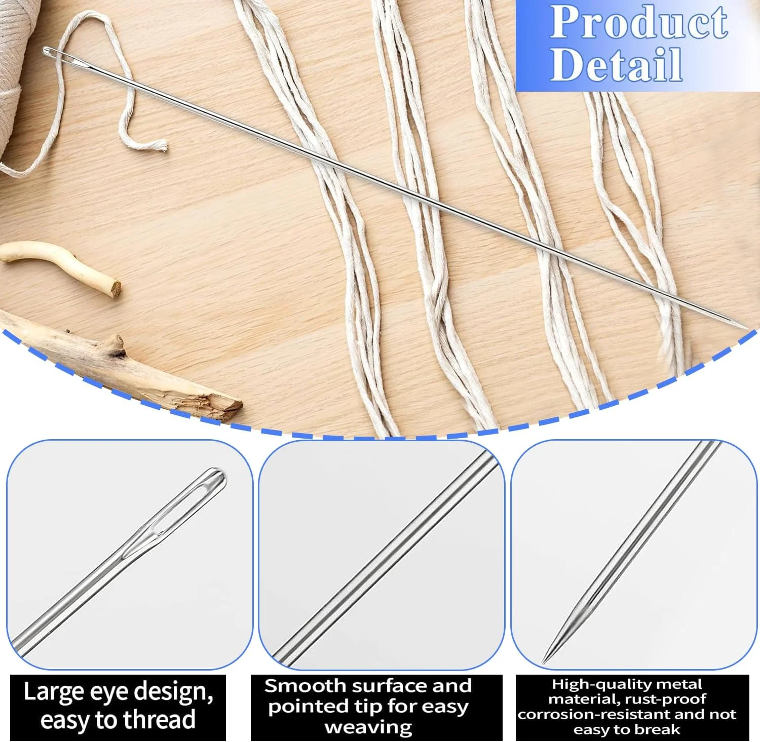 ست 3 عددی سوزن خیاطی دستی چشم بزرگ 12 اینچی - سوزن های حرفه ای روکش دوزی برای صنایع دستی DIY، خیاطی و پروژه های تعمیر، سوزن های بادوام و آسان برای نخ کردن