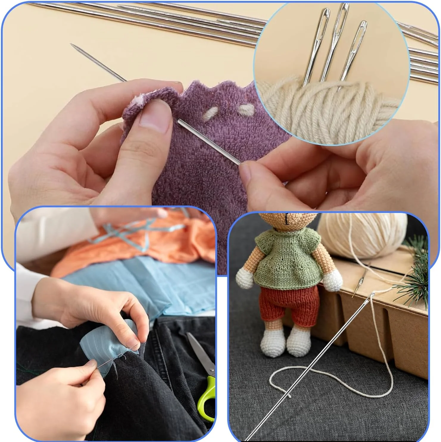 ست 3 عددی سوزن خیاطی دستی چشم بزرگ 12 اینچی - سوزن های حرفه ای روکش دوزی برای صنایع دستی DIY، خیاطی و پروژه های تعمیر، سوزن های بادوام و آسان برای نخ کردن