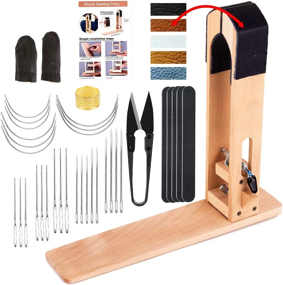 گیره چرمی رومیزی LUNARM - گیره اسب رومیزی چرمی به همراه سوزن های خیاطی بزرگ و سوهان ناخن برای دوخت دستی چرم DIY