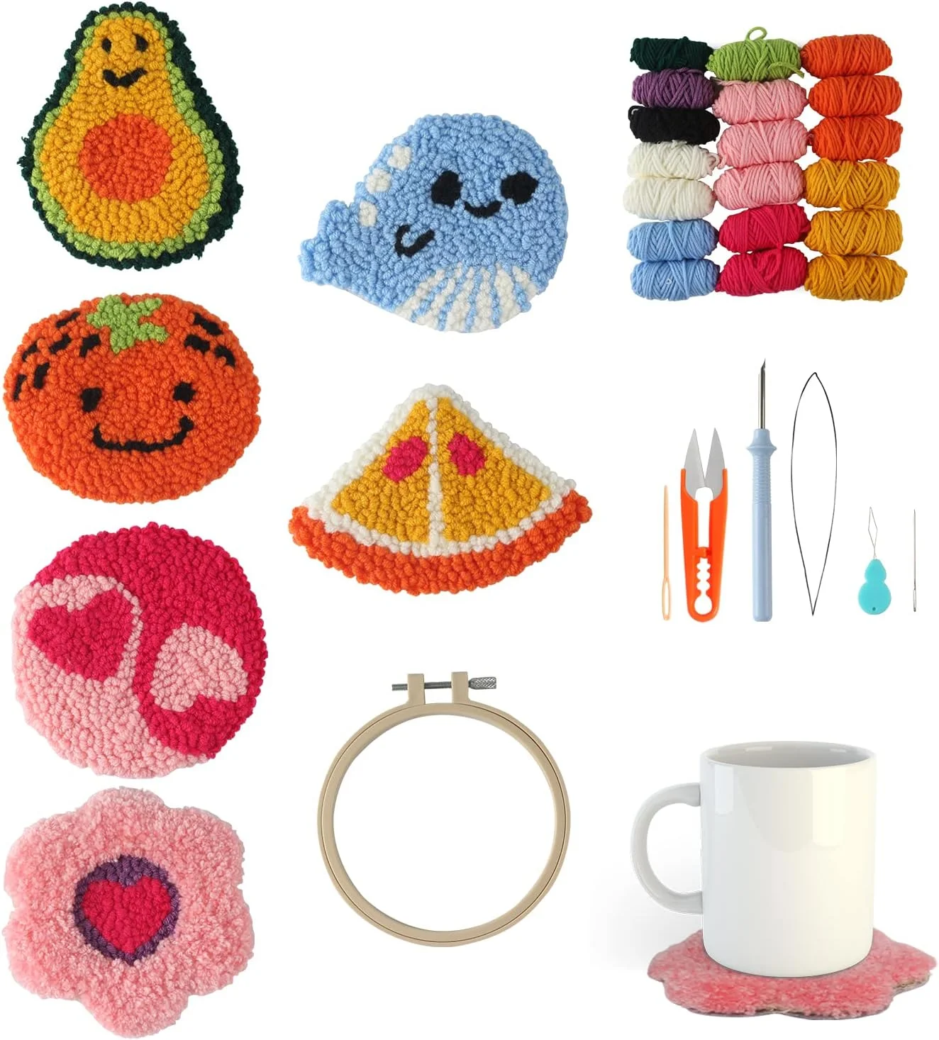 کیت زیر لیوانی نیدل پانچ Longan Craft، 21 تکه، کیت های آسان نیدل پانچ برای بزرگسالان مبتدی، 6 پد فرش طرح دار با نمد چسبی، نخ، حلقه گلدوزی، آموزش، کاردستی نیدل پانچ DIY