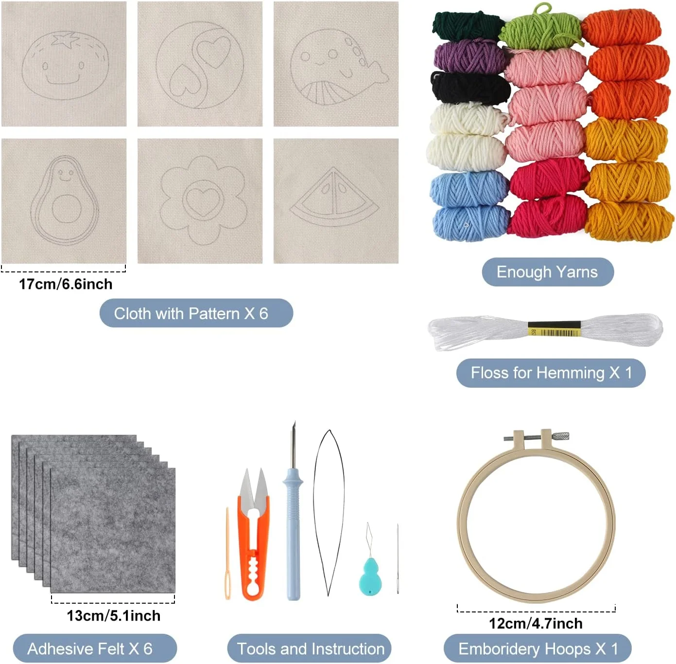 کیت زیر لیوانی نیدل پانچ Longan Craft، 21 تکه، کیت های آسان نیدل پانچ برای بزرگسالان مبتدی، 6 پد فرش طرح دار با نمد چسبی، نخ، حلقه گلدوزی، آموزش، کاردستی نیدل پانچ DIY