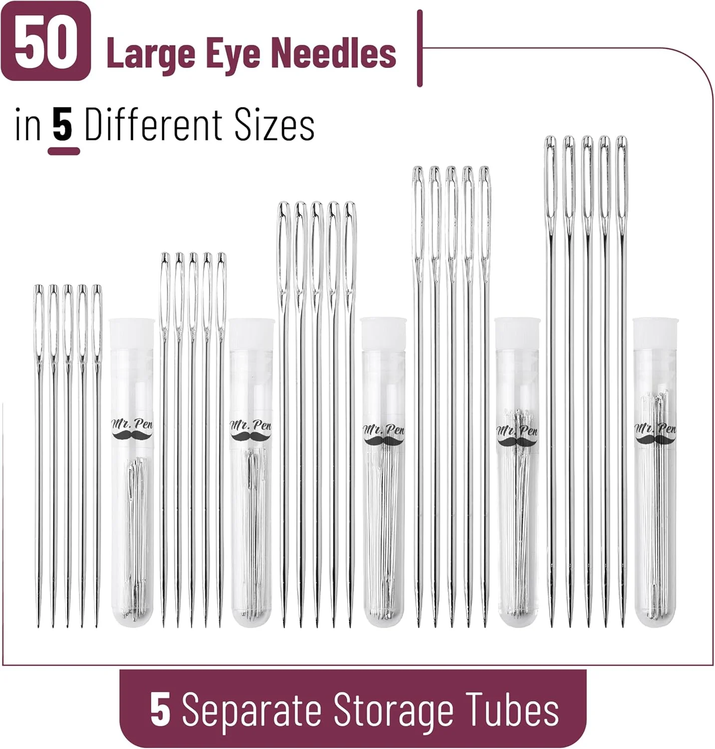 آقای پن - سوزن های چشم بزرگ برای خیاطی دستی، بسته 50 عددی، سایزهای مختلف، سوزن خیاطی، سوزن، سوزن برای خیاطی، سوزن گلدوزی برای خیاطی دستی، سوزن خیاطی چشم بزرگ، هدایای روز مادر