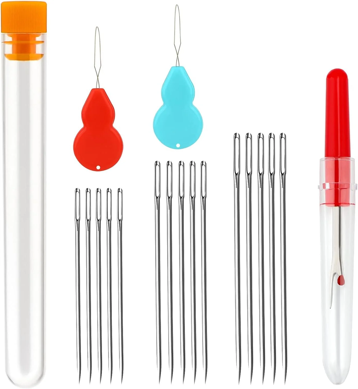 ست 18 عددی سوزن های خیاطی دستی چشم بزرگ، سوزن بخیه چشم بزرگ در لوله های شفاف، ست سوزن های روکش دوزی با شکافنده درز و سوزن نخ کن کدو شکل