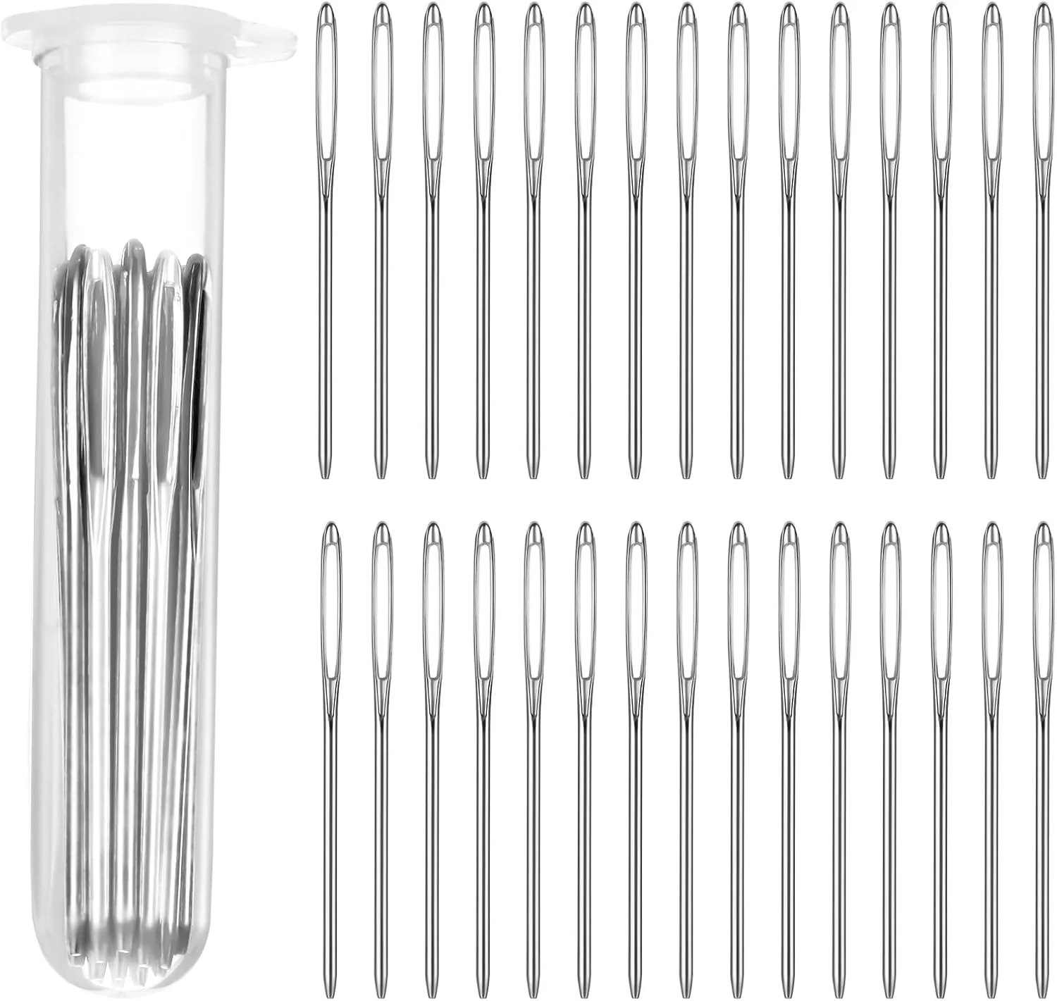 30 عدد سوزن خیاطی چشم بزرگ 6 سانتی‌متری، سوزن‌های ضخیم چشم بزرگ، سوزن‌های بافتنی نخ استیل ضد زنگ، سوزن‌های گلدوزی لحاف‌دوزی با بطری پلاستیکی شفاف