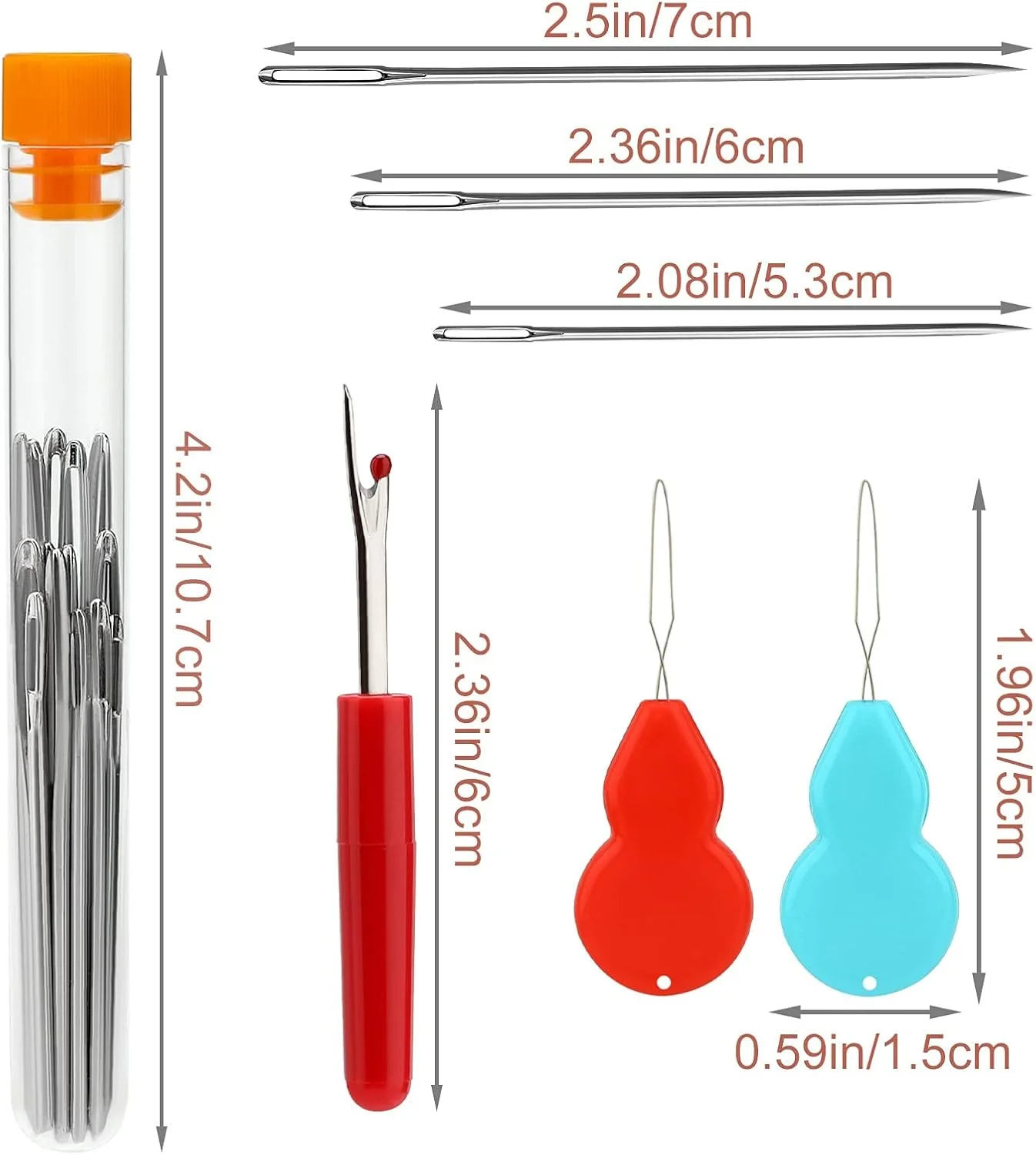 ست 18 عددی سوزن های خیاطی دستی چشم بزرگ، سوزن بخیه چشم بزرگ در لوله های شفاف، ست سوزن های روکش دوزی با شکافنده درز و سوزن نخ کن کدو شکل