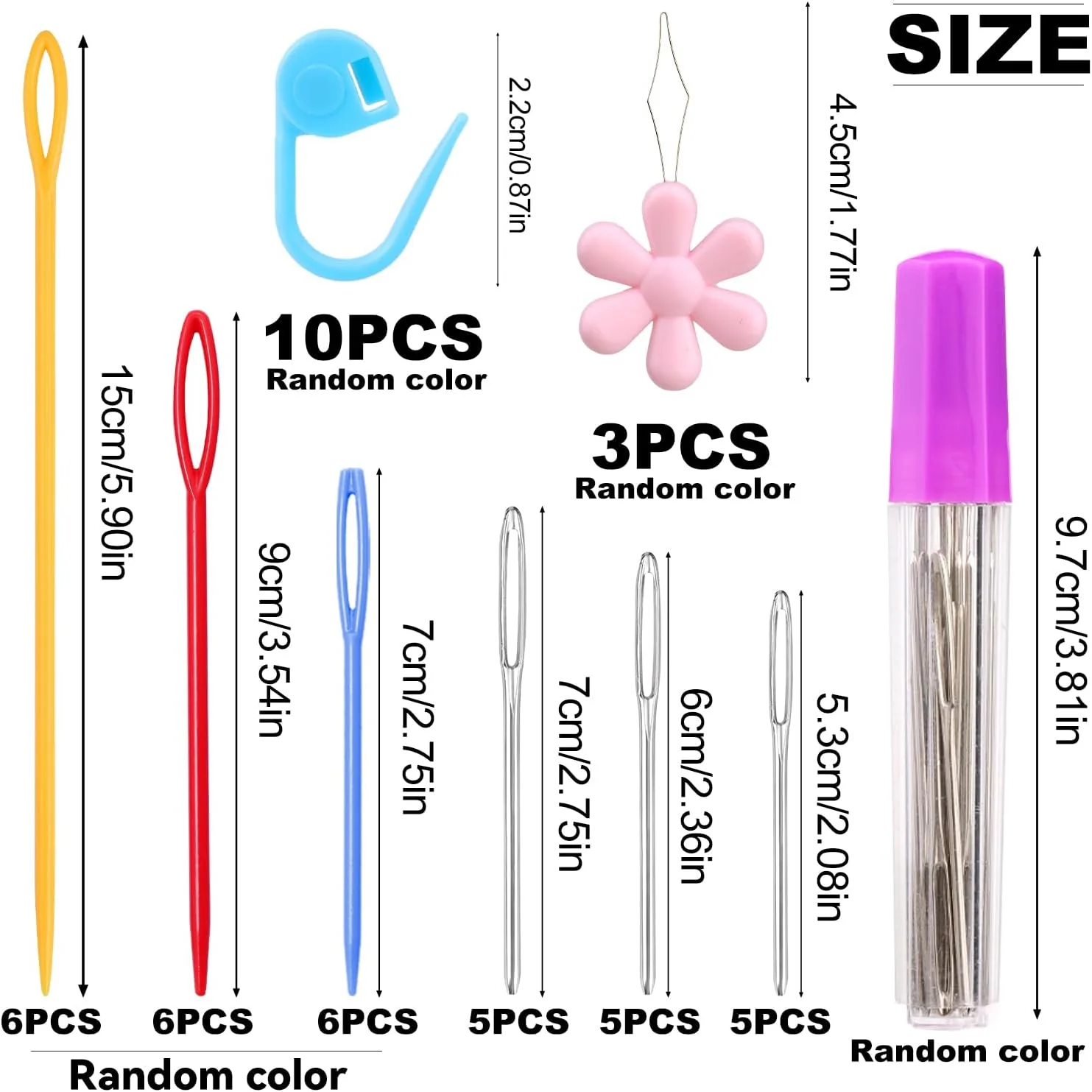 مجموعه سوزن های چشم بزرگ SHWAKK شامل 48 عدد، 15 عدد سوزن های ضخیم چشم بزرگ، 18 عدد سوزن های خیاطی پلاستیکی چشم بزرگ، 10 عدد نشانگرهای بخیه بافتنی با جعبه، سوزن نخ کن برای بافتنی قلاب بافی