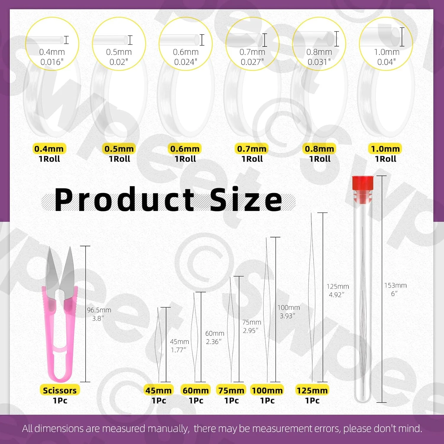 ست سوزن‌های مهره‌دوزی Swpeet شامل 12 عدد در اندازه‌های 45، 60، 75، 100 و 125 میلی‌متر و 6 رول نخ کشی الاستیک، سوزن‌های مهره‌دوزی چشم بزرگ و نخ کشی شفاف برای ساخت جواهرات، دستبند و گردنبند