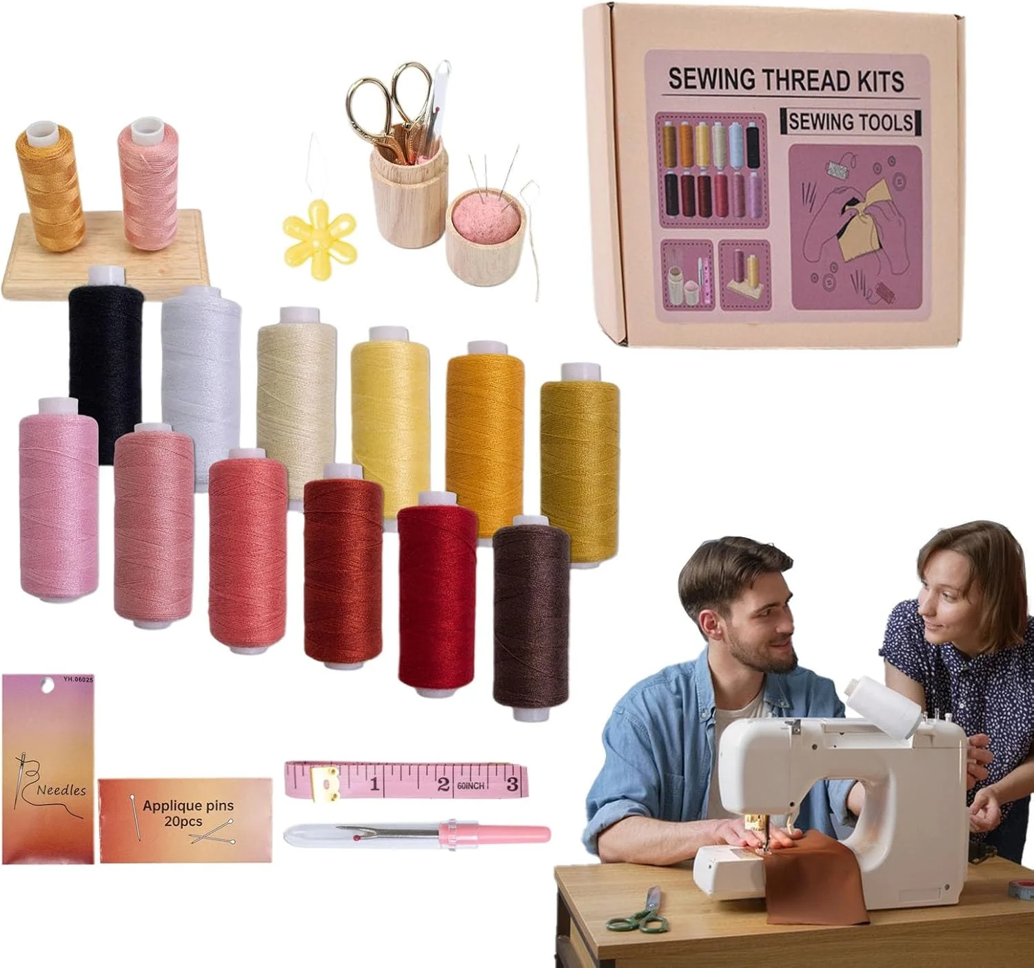 کیت نخ خیاطی | کیت سوزن و نخ 53 تکه، ابزار دوخت لوازم گلدوزی برای لحاف دوزی مبتدیان خانه بزرگسالان مدرسه فضای باز
