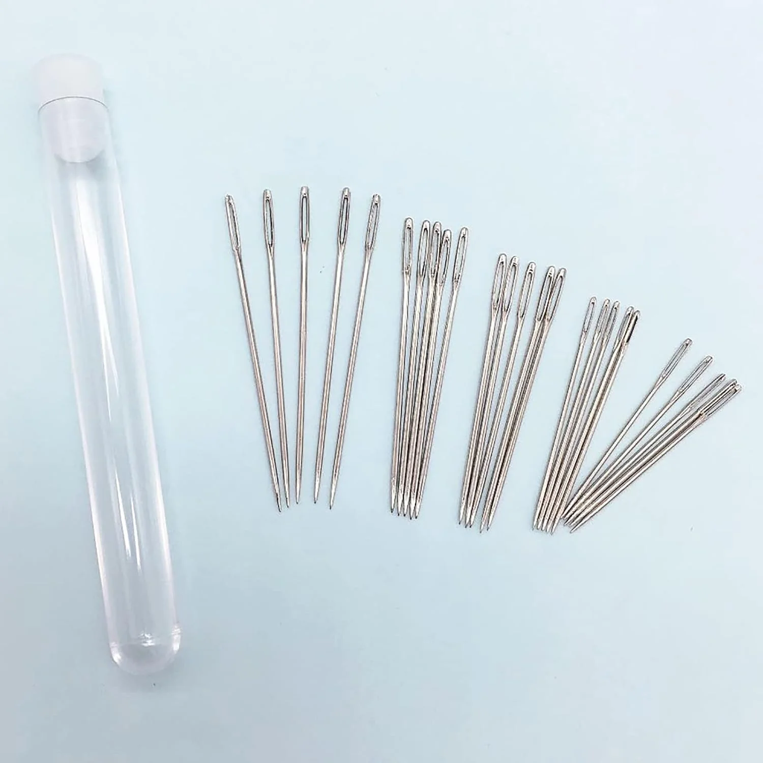 25 عدد سوزن بخیه تیز چشم بزرگ برای پروژه های بخیه، خیاطی و صنایع دستی، 5 سایز سوزن خیاطی دستی، سوزن های گلدوزی برای انواع سایزهای سوزن دوزی در لوله نگهداری شفاف