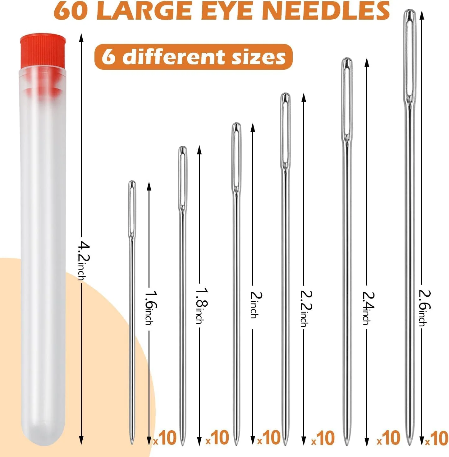60 عدد سوزن خیاطی استیل ضد زنگ با سوراخ بزرگ و تیز، 60 عدد در سایزهای مختلف، کیت هنرهای دستی