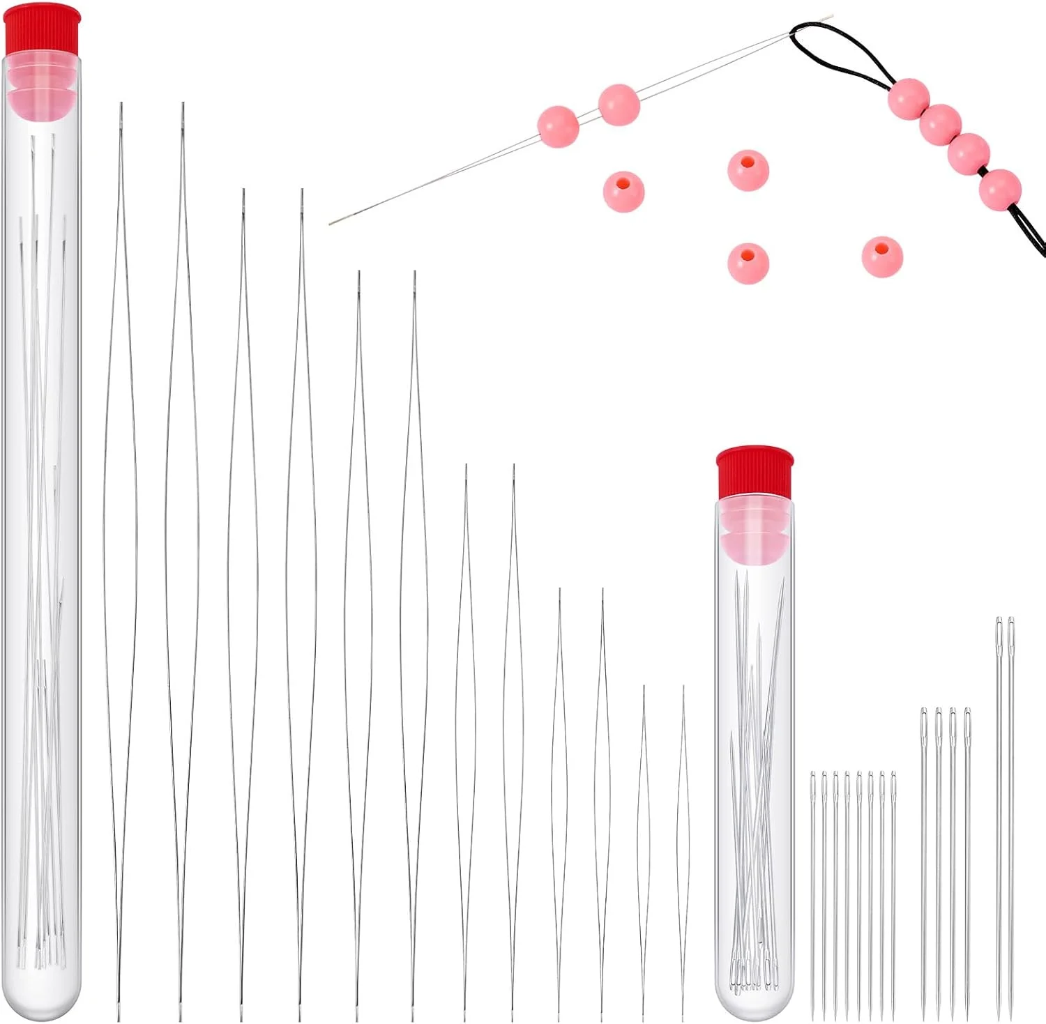 ست سوزن مهره‌زنی Sparkeads شامل 48 عدد سوزن مهره‌زنی چشم بزرگ، سوزن‌های نخ مهره‌زنی مستقیم به همراه بطری برای ساخت جواهرات، دستبند، گردنبند و ابزار مهره‌زنی