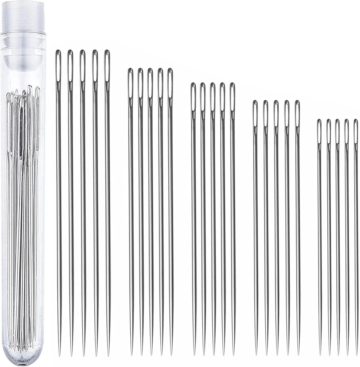 25 عدد سوزن خیاطی خود نخ‌کن، 5 سایز مختلف (1.6، 1.8، 2، 2.2، 2.4 اینچ) سوزن گلدوزی برای خیاطی دستی، کیت پین‌های استیل ضد زنگ چشم بزرگ برای دوخت لحاف، تعمیر پارچه و DIY