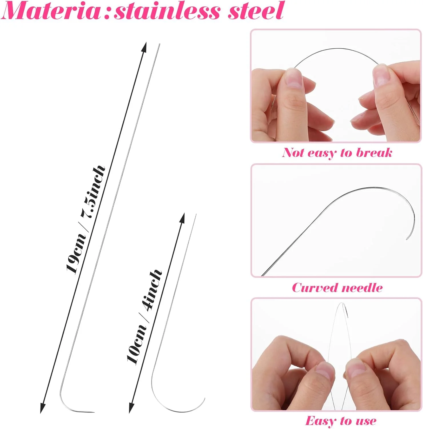 سوزن نخ‌کش مهره خمیده در یک انتها، استیل ضد زنگ نقره‌ای، سوزن‌های مهره‌زنی کارآمد برای اسپینر مهره، ساخت جواهرات DIY، مهره‌های کمری، دستبند، گردنبند، 3 عدد