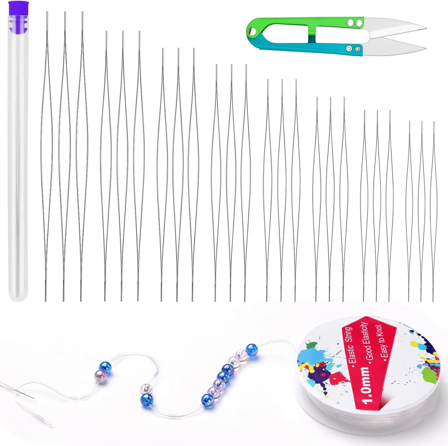 ست سوزن مهره دوزی UOOU شامل 27 عدد، سوزن های مهره دوزی دانه ای، 24 عدد سوزن مهره دوزی چشم بزرگ، نخ کشی الاستیک 1 میلی متری/رول برای دستبند، رشته مهره دوزی شفاف برای ساخت جواهرات