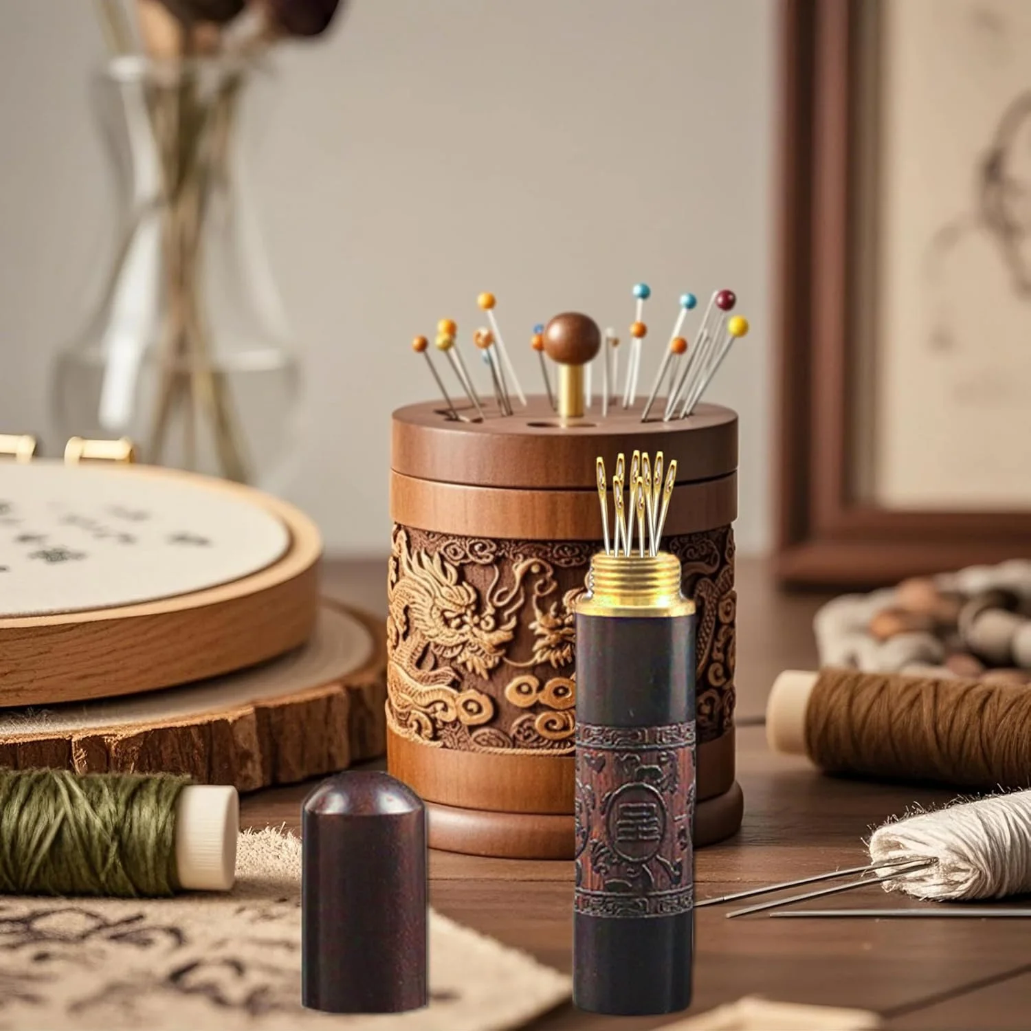 ست 4 عددی نگهدارنده سوزن خیاطی چوبی Uniquer، جعبه نگهداری سوزن چاپی با حکاکی رترو برای ابزارهای خیاطی DIY و لوازم جانبی صنایع دستی
