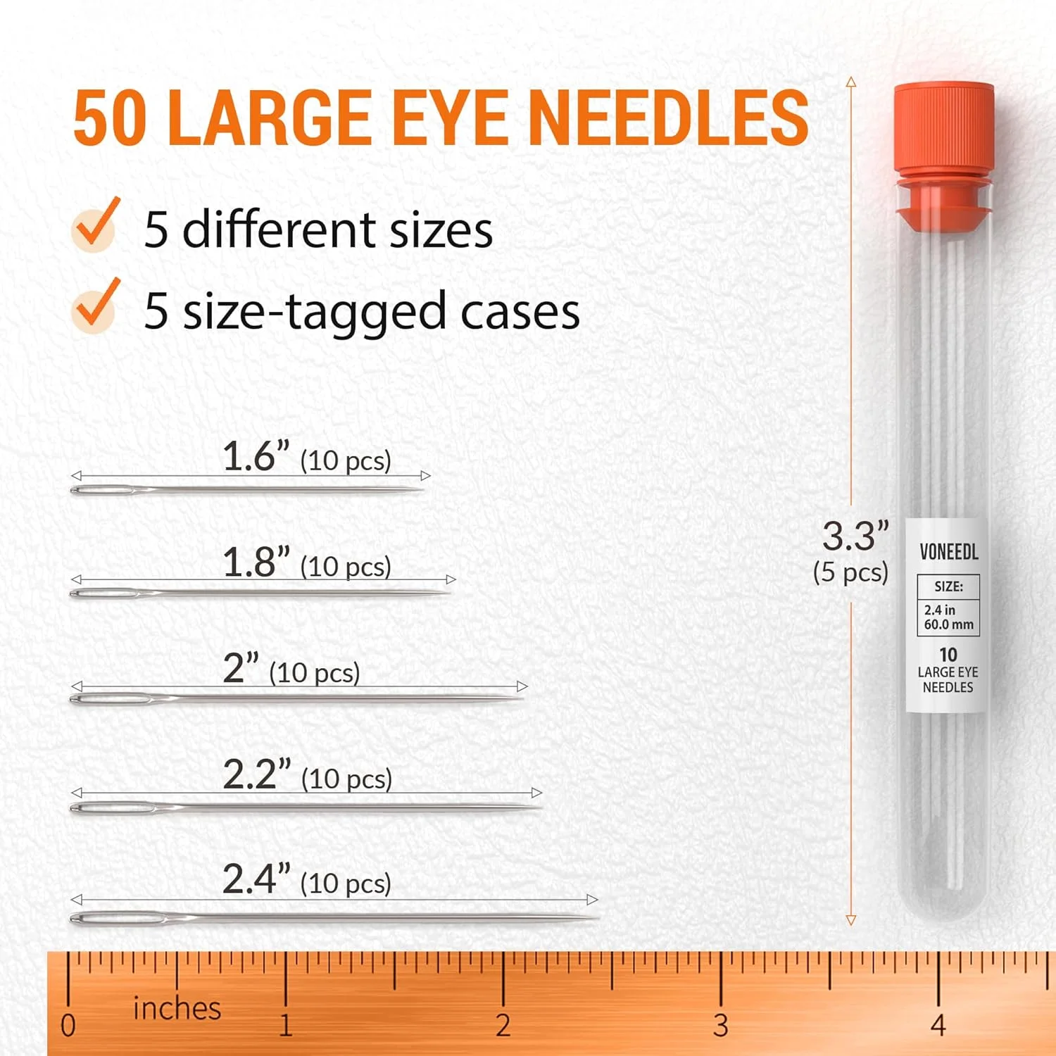 VONEEDL بسته 50 عددی سوزن های خیاطی محکم با چشمی بزرگ به همراه 5 محفظه نگهداری مناسب - سوزن های تیز با چشمی بزرگ برای نخ کردن آسان، خیاطی دستی، بافندگی، رفوگری، صنایع دستی و DIY