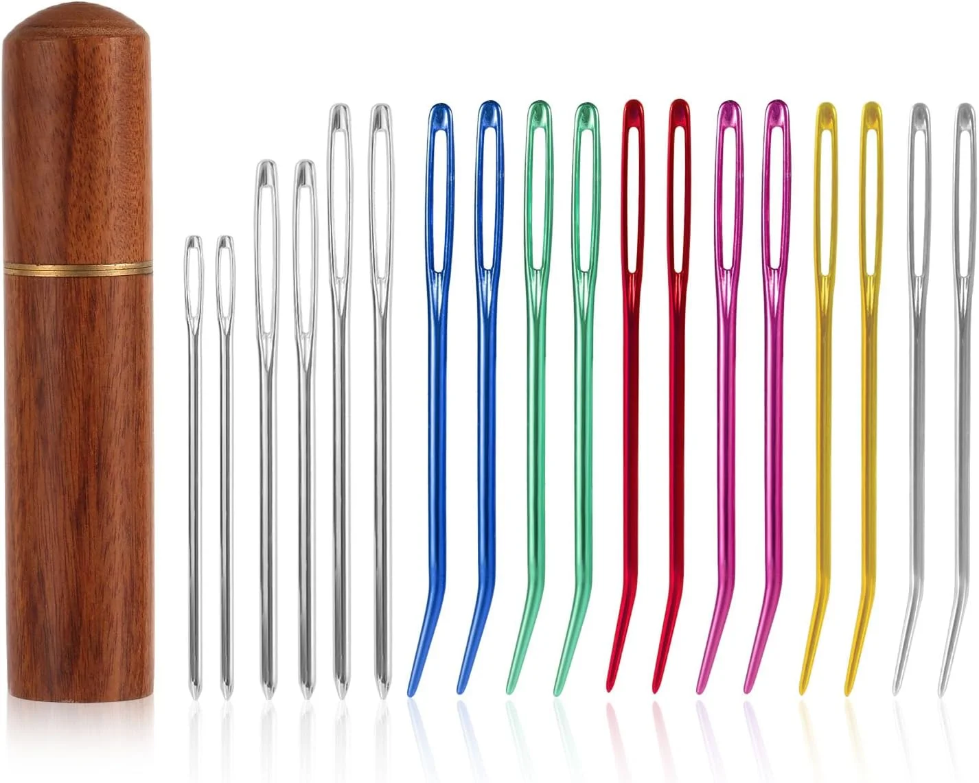 XIHIRCD ست 18 عددی سوزن های بافندگی دستی چشم بزرگ، کیت سوزن های خیاطی آلومینیومی چشم بزرگ با سوزن خمیده و سوزن کند و جعبه سوزن چوبی برای پروژه های لحاف دوزی، مهره دوزی، قلاب بافی برای نخ، کاموا و پشم