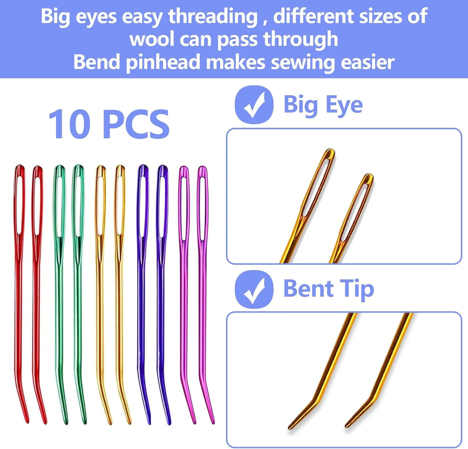 Yzzyemn سوزن های کوبلن کاموایی 10 عددی، سوزن های بافندگی چشم بزرگ، سوزن های کاموایی کند، سوزن های گلدوزی نوک خمیده، برای کوبلن، بافندگی، دوخت پشم، وصله، قلاب بافی با جعبه آهنی