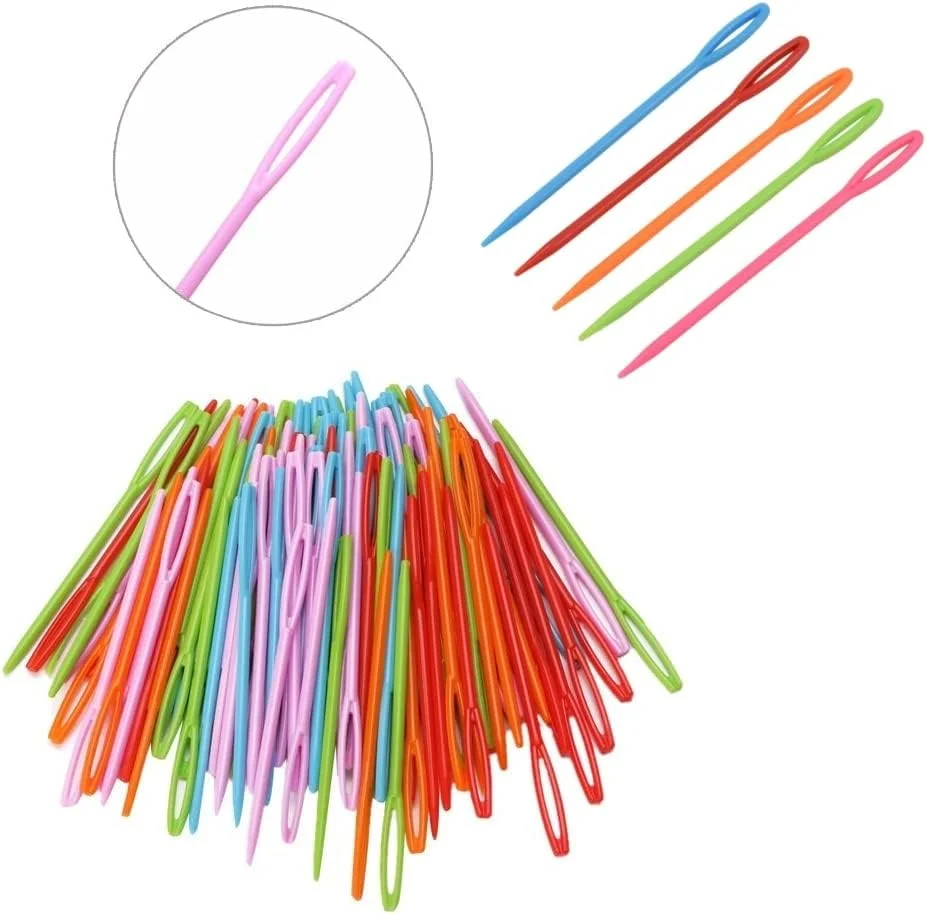 سوزن های پلاستیکی خیاطی YSTrillion، بسته 100 عددی، چند رنگ، 7 سانتی متر، نوک گرد، ایده آل برای خیاطی، گلدوزی، صنایع دستی کودکان