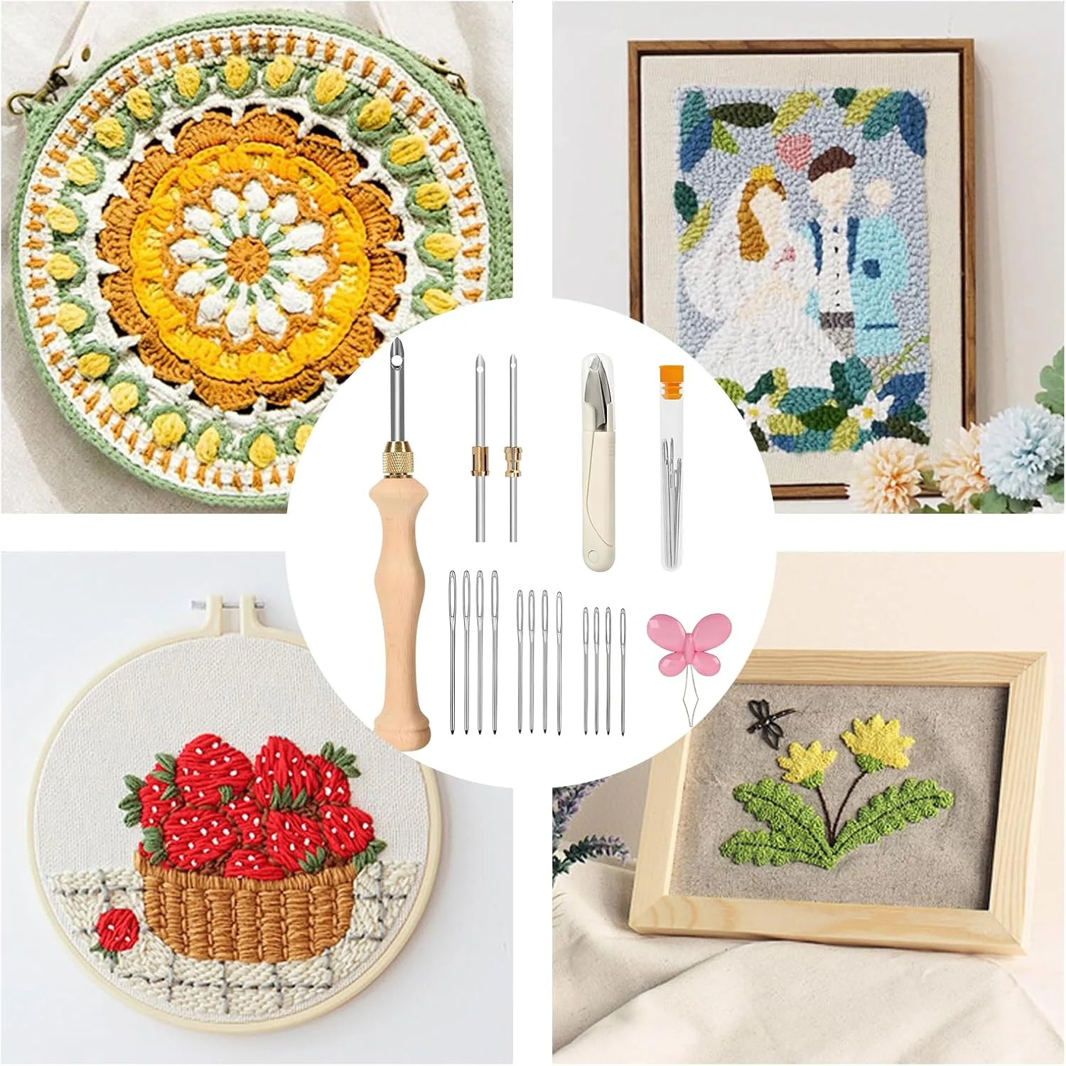 ست پانچ سوزنی Yuiturt، کیت گلدوزی پانچ سوزنی قابل تنظیم با ابزار چوبی، پانچ سوزنی چوبی قابل تنظیم، کیت دوخت پانچ برای مبتدیان برای صنایع دستی DIY و قلاب بافی فرش و چرم دوزی
