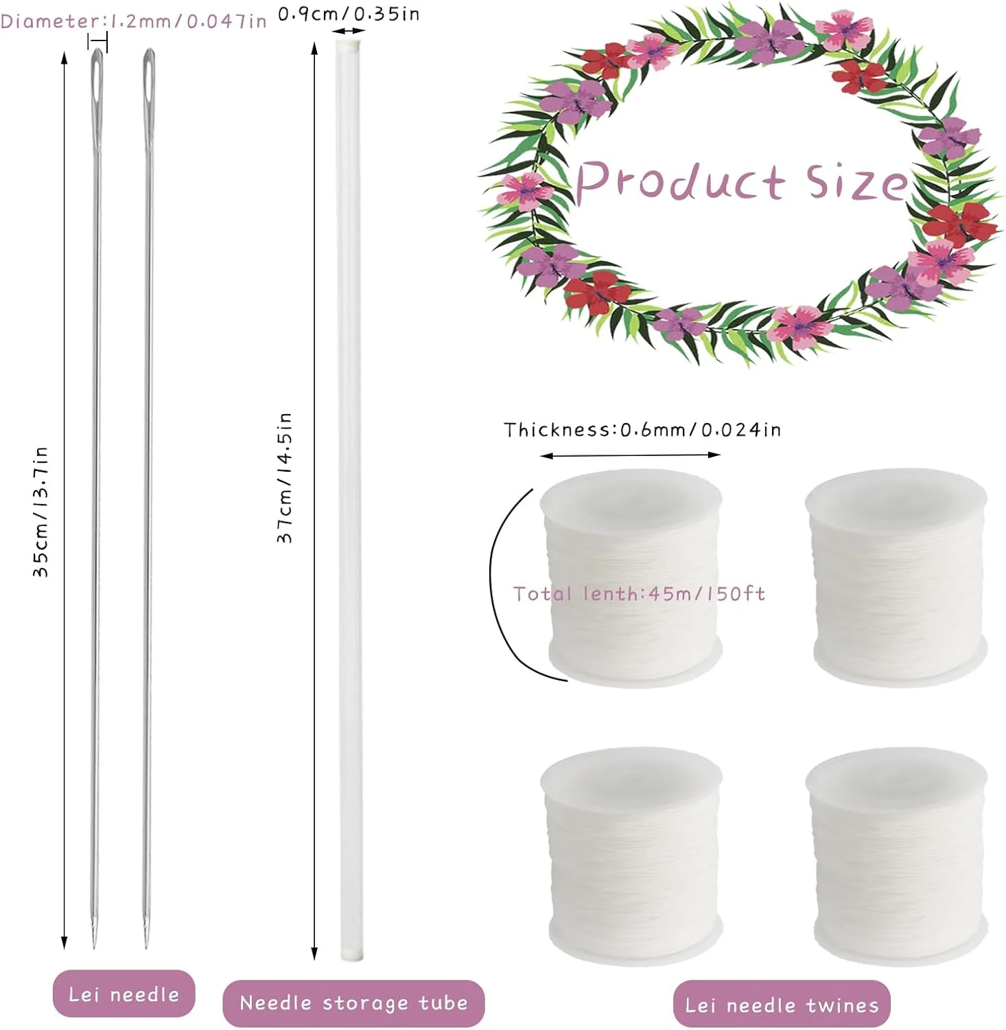 ست سوزن لی Wzttdm، 2 عدد سوزن خیاطی فوق العاده بلند 35 سانتی متری، 4 رول نخ سوزن لی، 1 عدد لوله نگهداری سوزن لی، سوزن های روکش دوزی بلند برای ساخت تاج گل فارغ التحصیلی هاوایی مالایی DIY