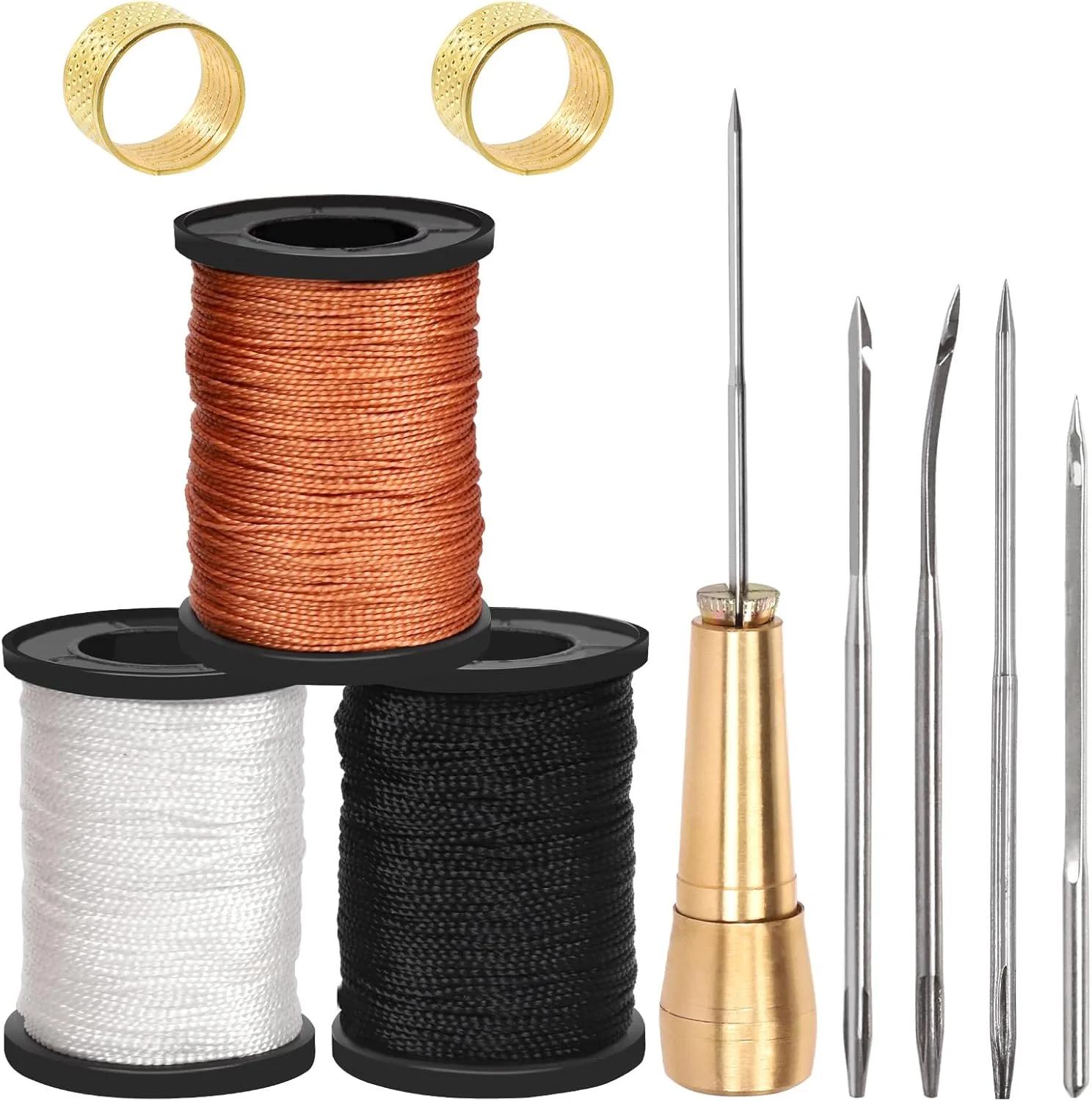 ست سوزن‌های درفش خیاطی چرم و برزنت Wokape شامل 10 عدد سوزن‌های راست و خمیده، 3 رنگ نخ نایلونی موم‌زده 50 متری با قرقره، دسته مسی، انگشتانه برای DIY و تعمیر چرم