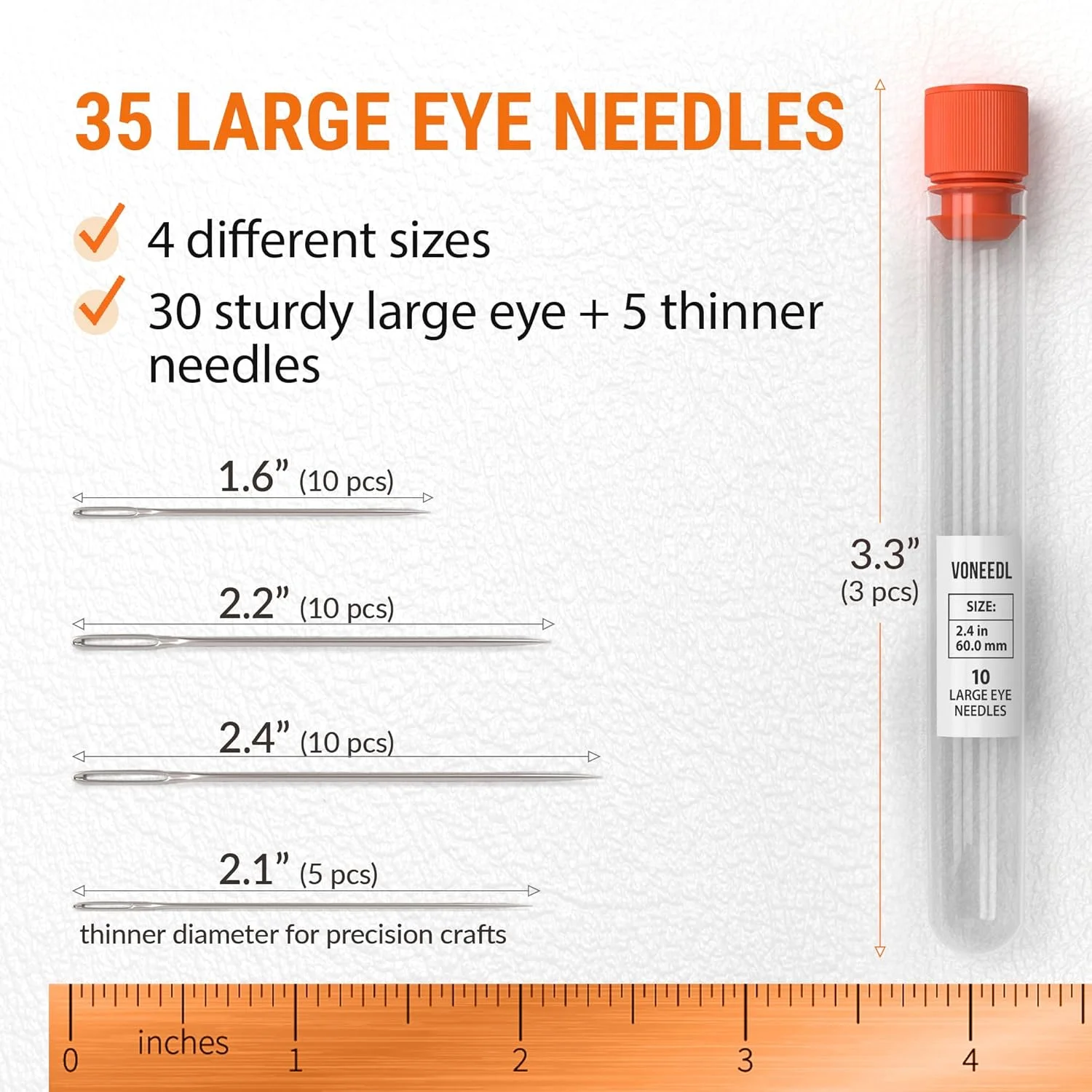 VONEEDL بسته 35 عددی سوزن های خیاطی دستی چشم بزرگ و تیز در 4 اندازه مختلف - سوزن های گلدوزی با نخ کشی آسان - ایده آل برای لحاف دوزی، کاردستی، رفو، بافت، قلاب بافی و DIY