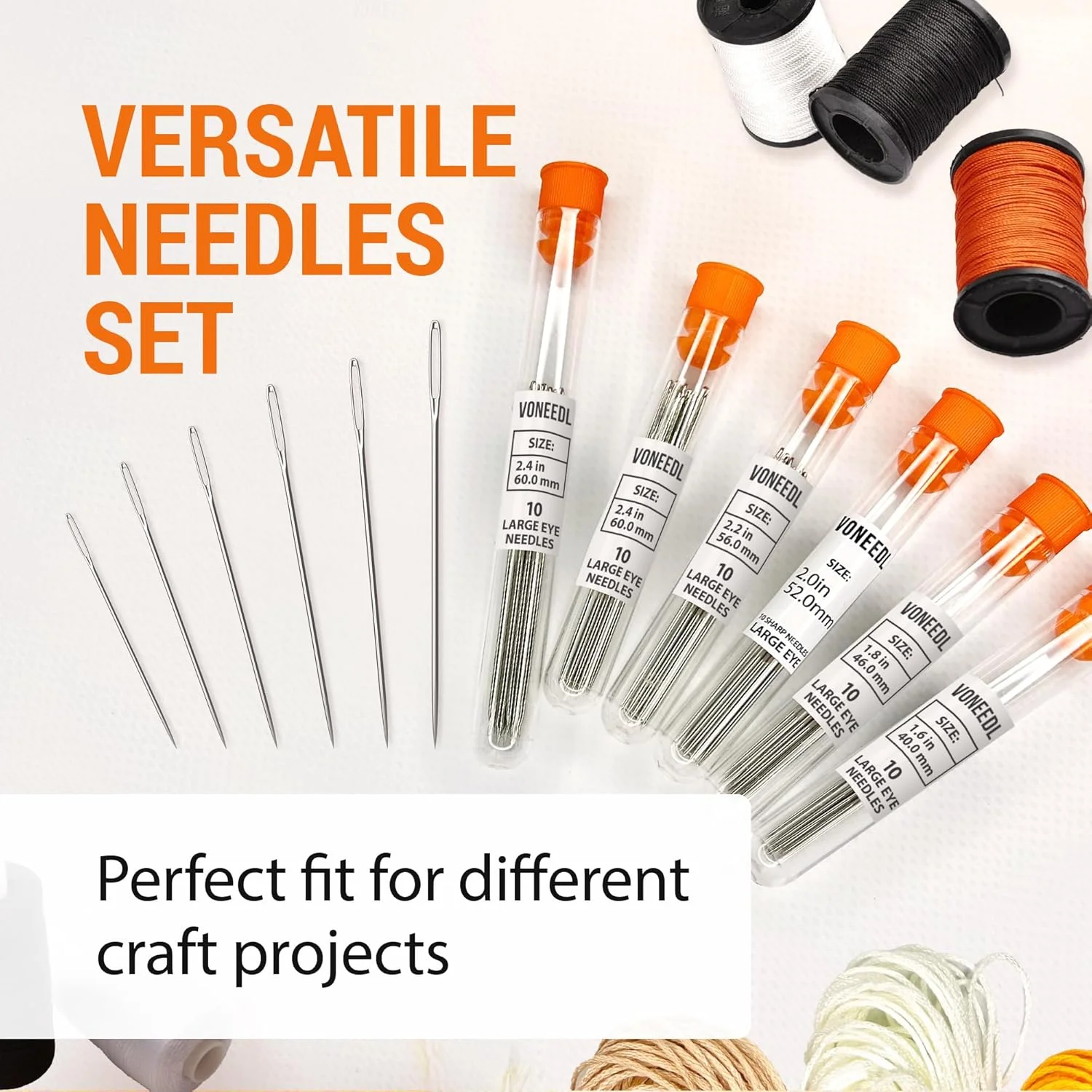 سوزن های بزرگ چشمی تیز VONEEDL 60 عددی - سوزن های خیاطی چشمی بزرگ با نخ آسان در 6 لوله نگهداری مناسب برای خیاطی دستی، بافندگی، رفوگری، صنایع دستی و DIY