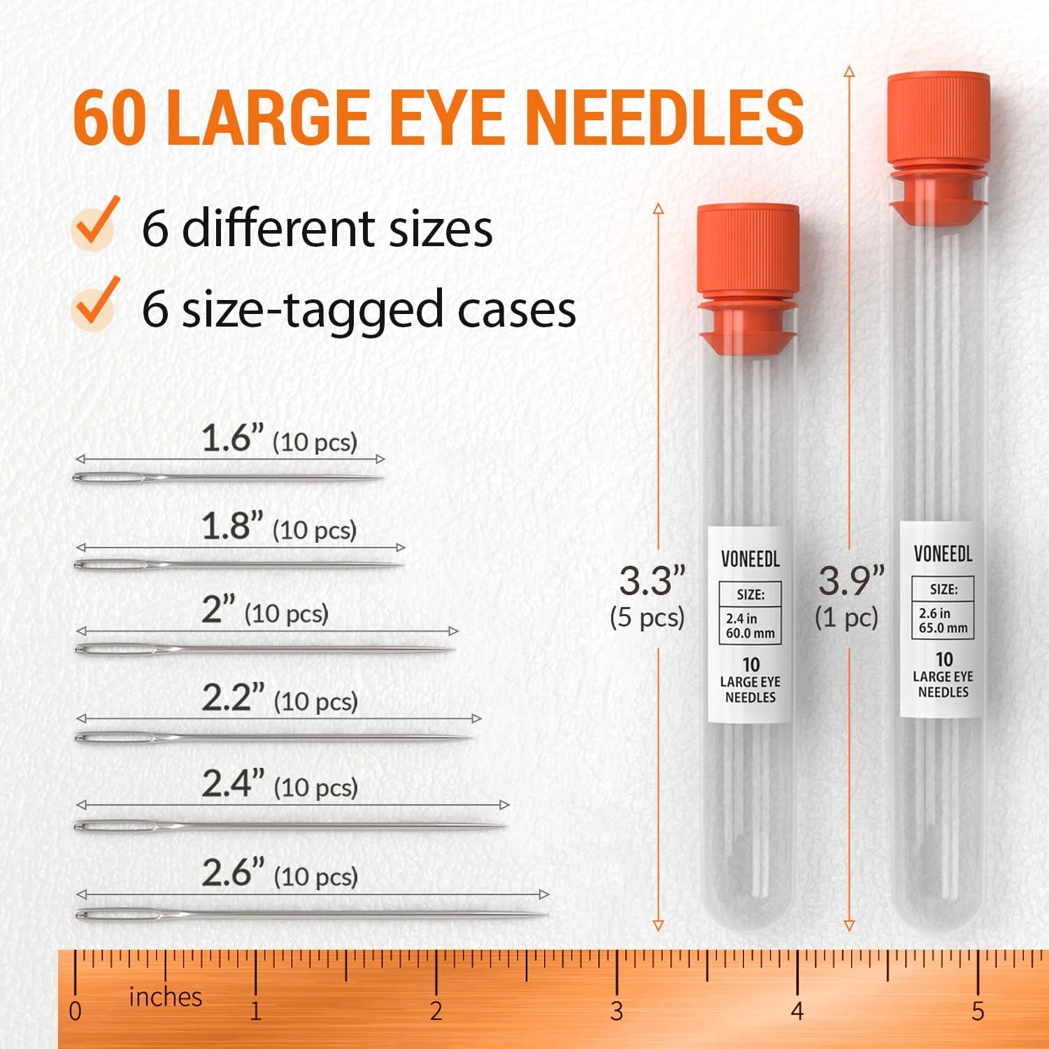 سوزن های بزرگ چشمی تیز VONEEDL 60 عددی - سوزن های خیاطی چشمی بزرگ با نخ آسان در 6 لوله نگهداری مناسب برای خیاطی دستی، بافندگی، رفوگری، صنایع دستی و DIY
