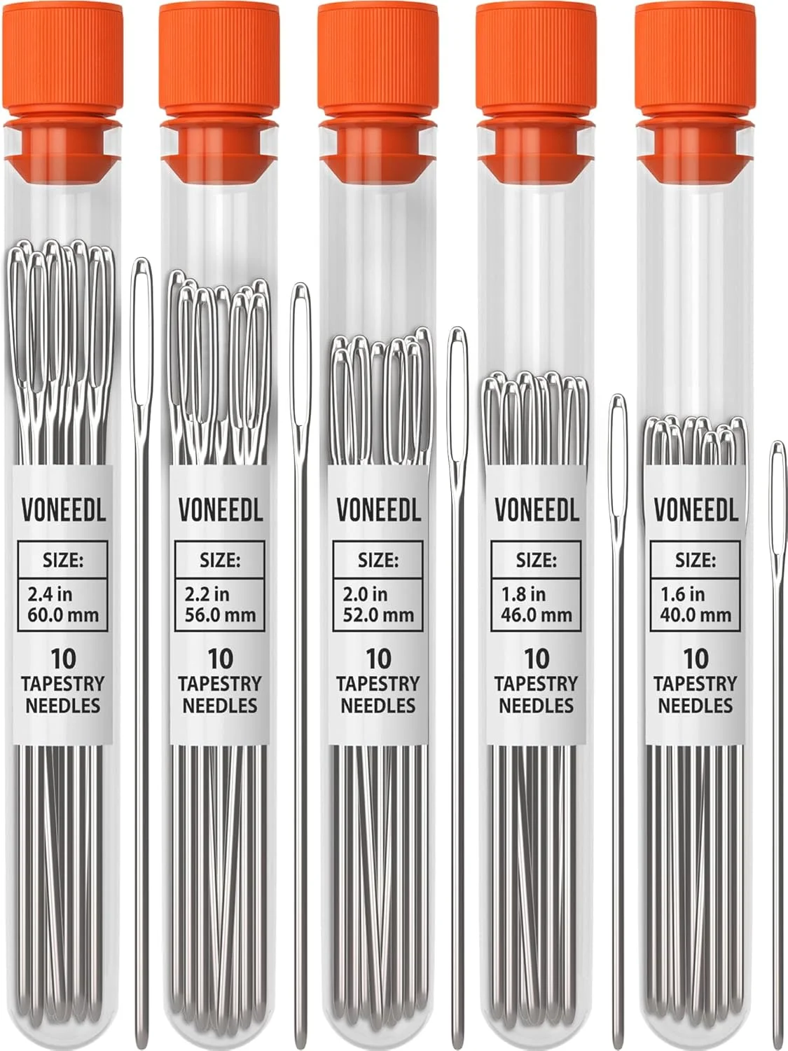 سوزن های کوبلن سر گرد بزرگ VONEEDL (بسته 50 عددی) - 5 سایز با 5 محفظه نگهداری - استیل ضد زنگ - ایده آل برای رفو، گلدوزی، شماره دوزی، صنایع دستی، بافندگی، ریسندگی و DIY