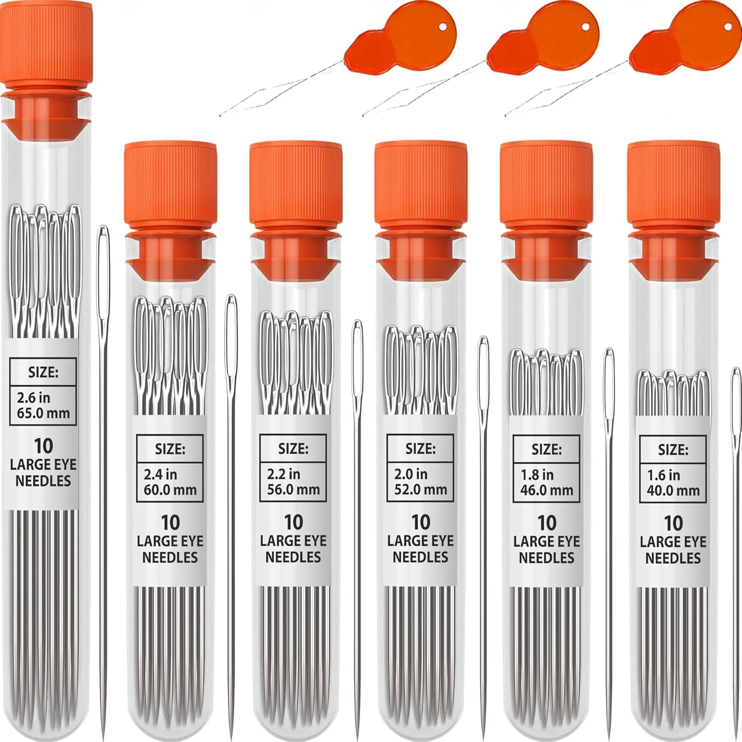 سوزن های بزرگ چشمی تیز VONEEDL 60 عددی - سوزن های خیاطی چشمی بزرگ با نخ آسان در 6 لوله نگهداری مناسب برای خیاطی دستی، بافندگی، رفوگری، صنایع دستی و DIY