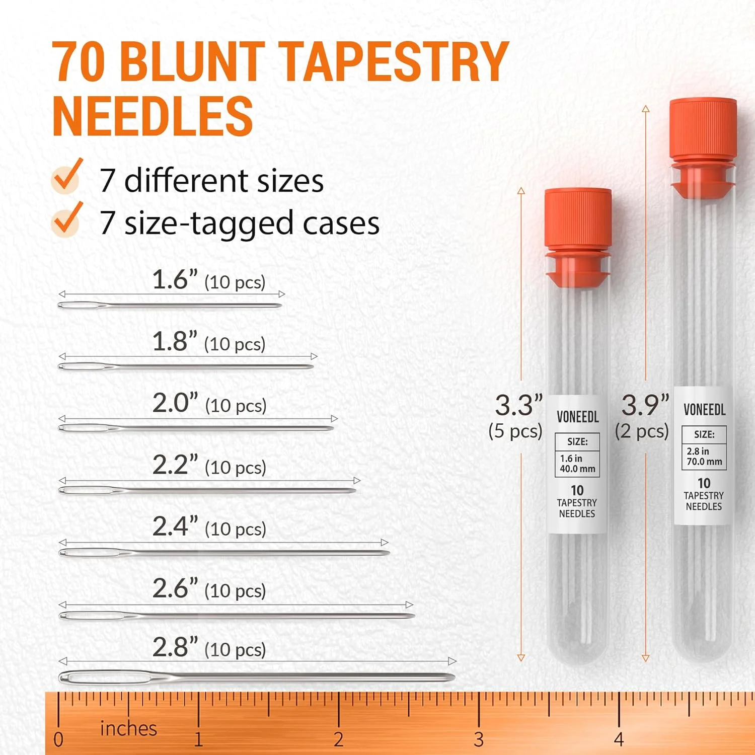 سوزن های کوبلن سر گرد چشم بزرگ VONEEDL (بسته 70 عددی) - 7 سایز با 7 لوله نگهداری - استیل ضد زنگ - ایده آل برای رفو، گلدوزی، شماره دوزی، کاردستی، بافندگی، نساجی و DIY سوزن های کوبلن سر گرد چشم بزرگ VONEEDL (بسته 70 عددی) - 7 سایز با 7 لوله نگهداری - استیل ضد زنگ - ایده آل برای رفو، گلدوزی، شماره دوزی، کاردستی، بافندگی، نساجی و DIY
