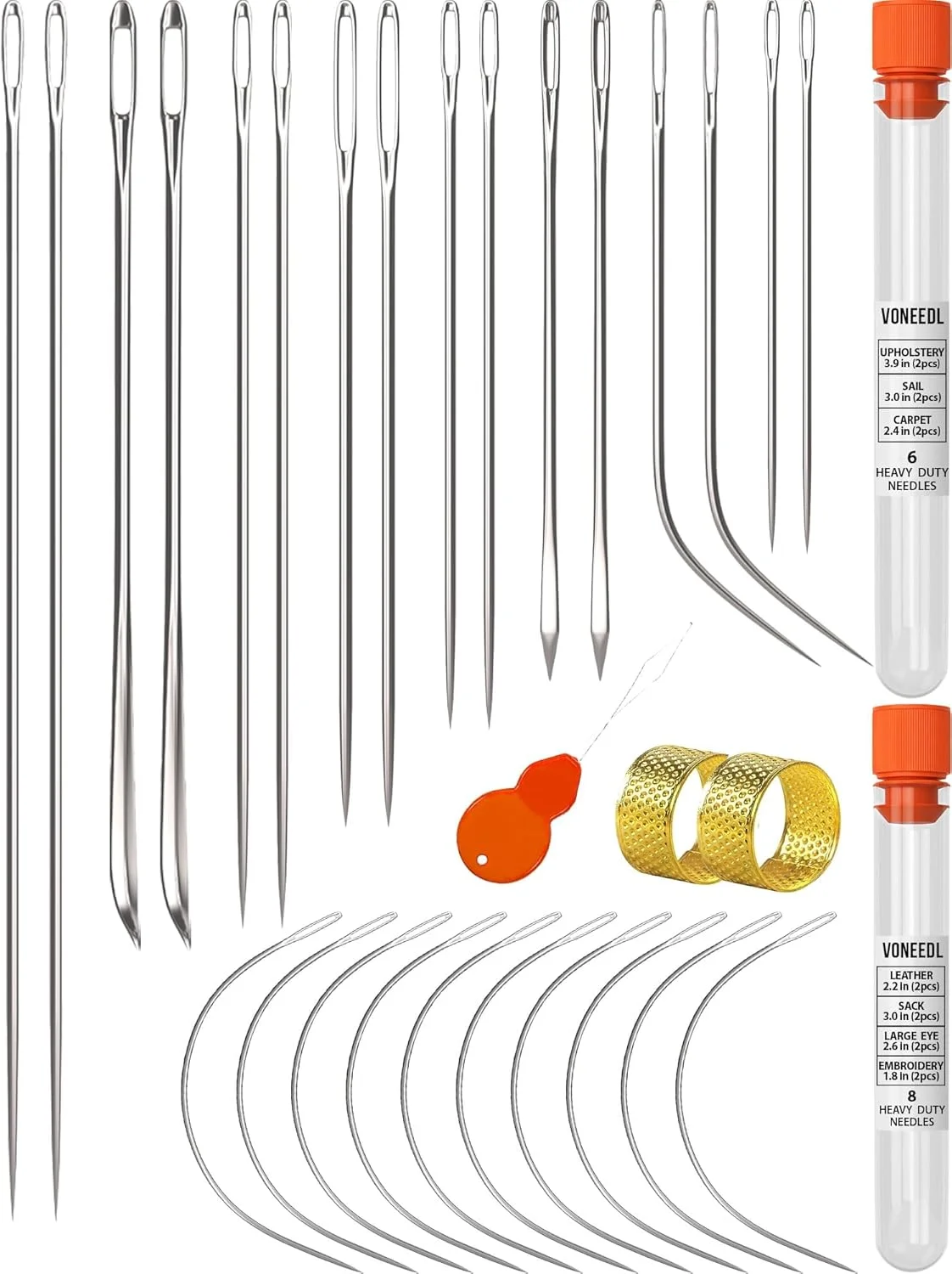 ست سوزن های خیاطی دستی سنگین VONEEDL - 26 سوزن خیاطی دستی مستقیم و منحنی برای اثاثه یا لوازم داخلی، چرم، فرش، تعمیر بوم و صنایع دستی بادبانی