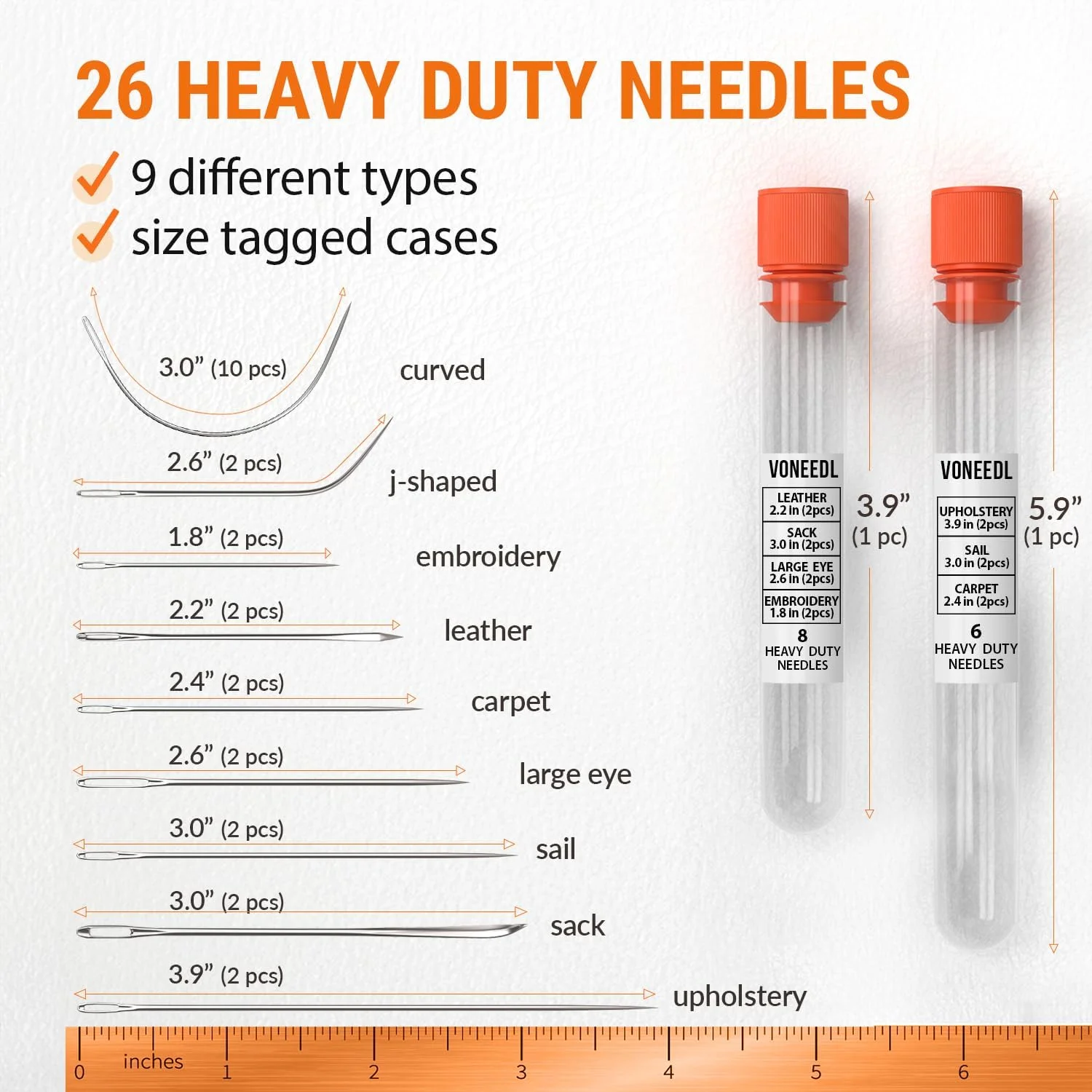 ست سوزن های خیاطی دستی سنگین VONEEDL - 26 سوزن خیاطی دستی مستقیم و منحنی برای اثاثه یا لوازم داخلی، چرم، فرش، تعمیر بوم و صنایع دستی بادبانی