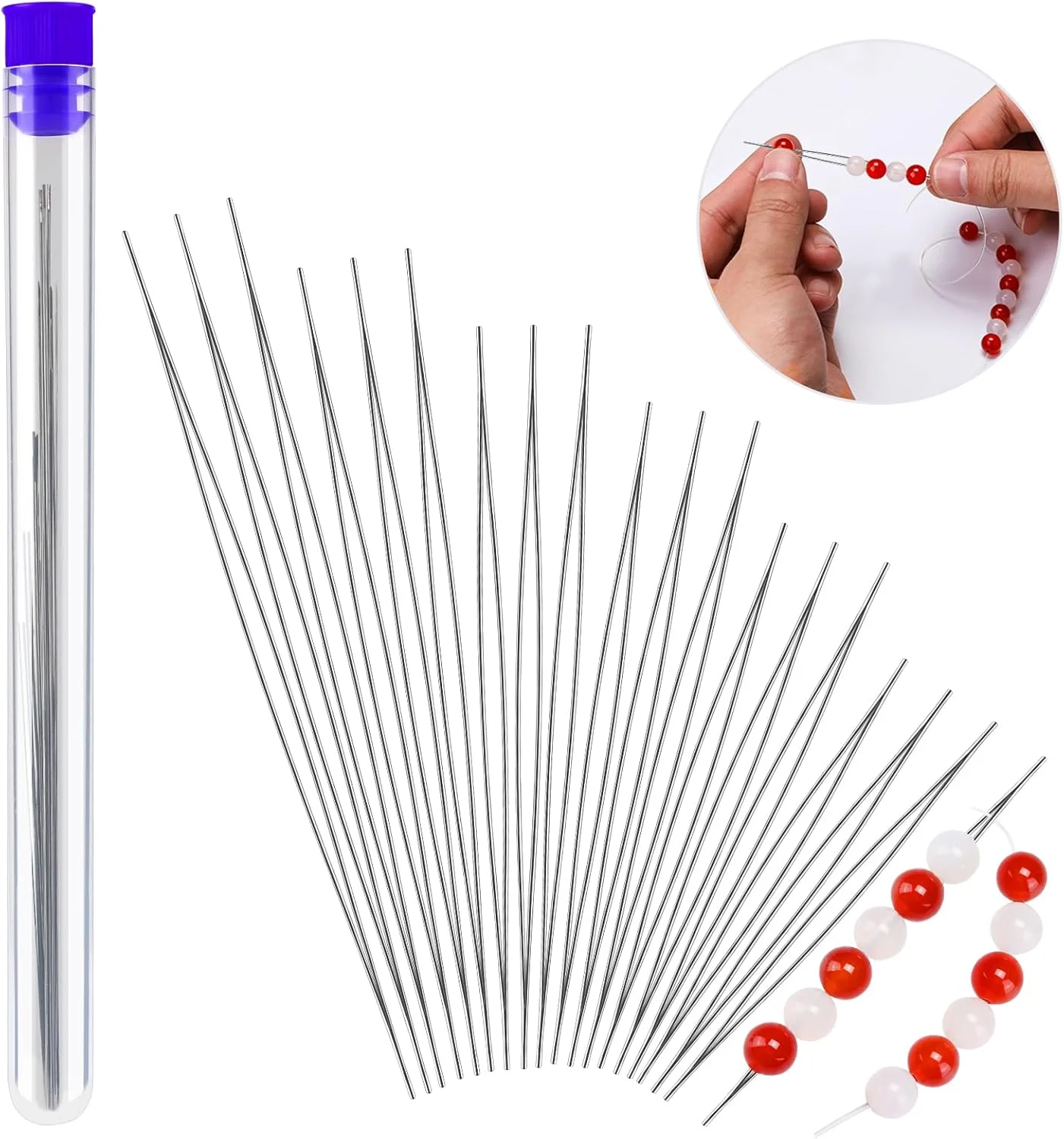 ست سوزن مهره‌زنی UOOU شامل 18 عدد - سوزن‌های مهره‌ای در 6 سایز مختلف، سوزن‌های چشم‌بزرگ تاشو برای ساخت جواهرات به همراه محفظه سوزن
